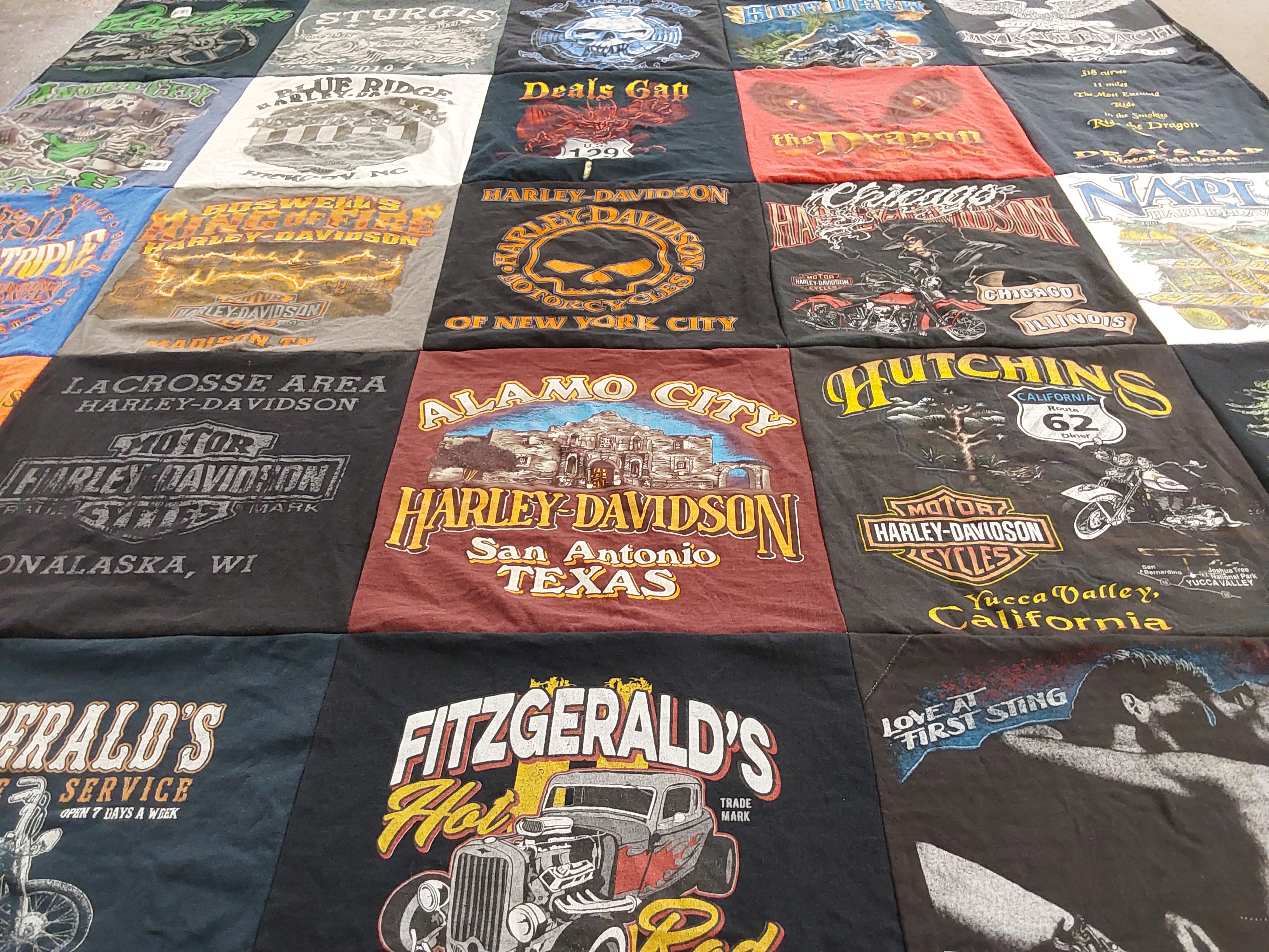 T-shirt quilt with motorcycling, harley davidson themes by Jeffrey from NC