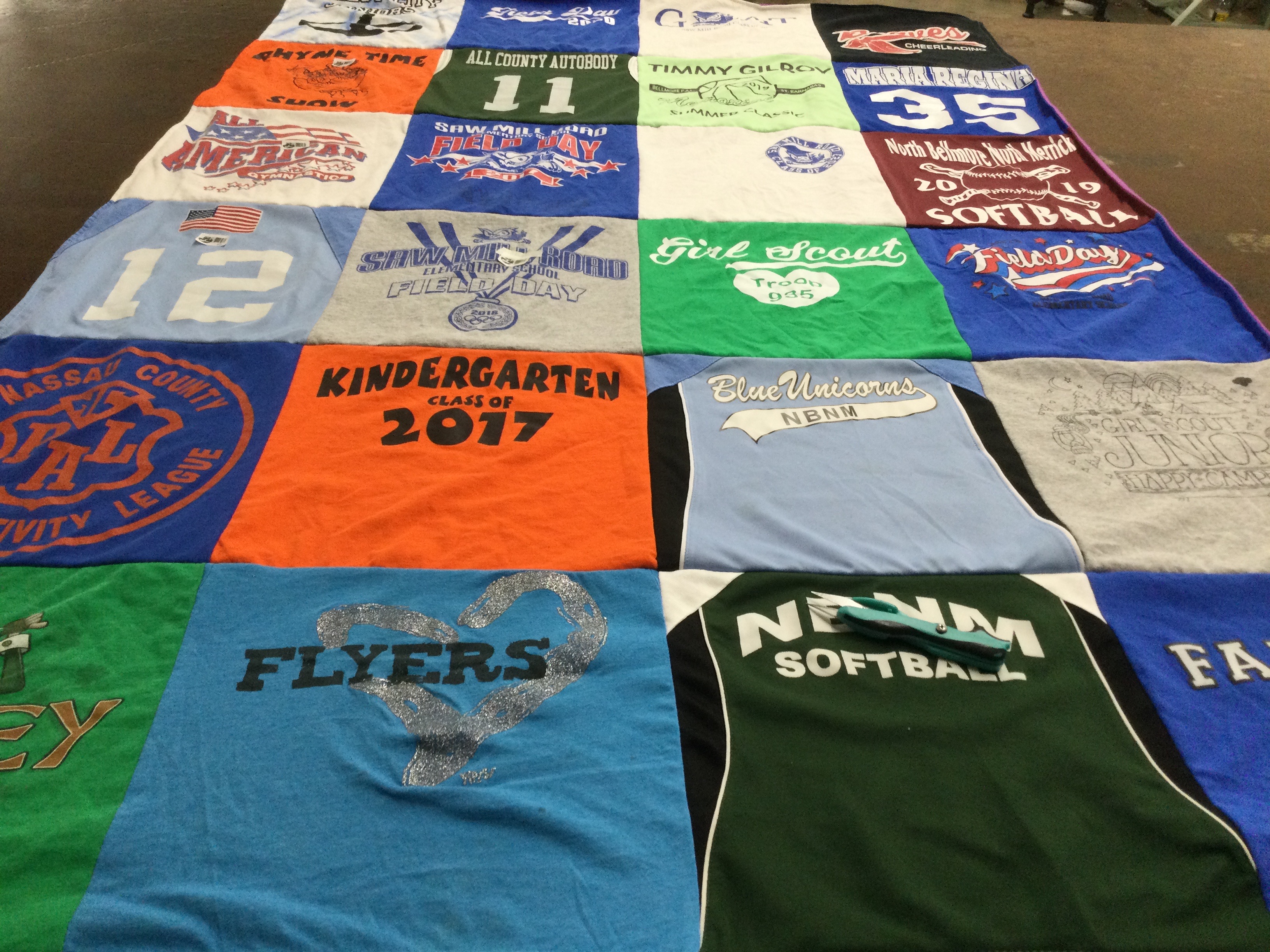 T-shirt quilt featuring nbnm softball, blue unicorns by Sabina from NY
