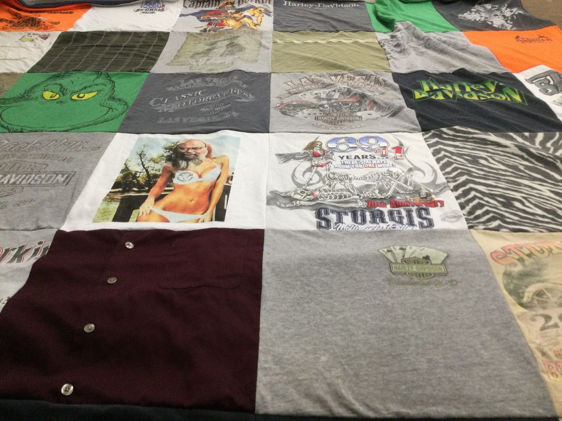 T-shirt quilt with motorcycles, biking themes by Colette from MN