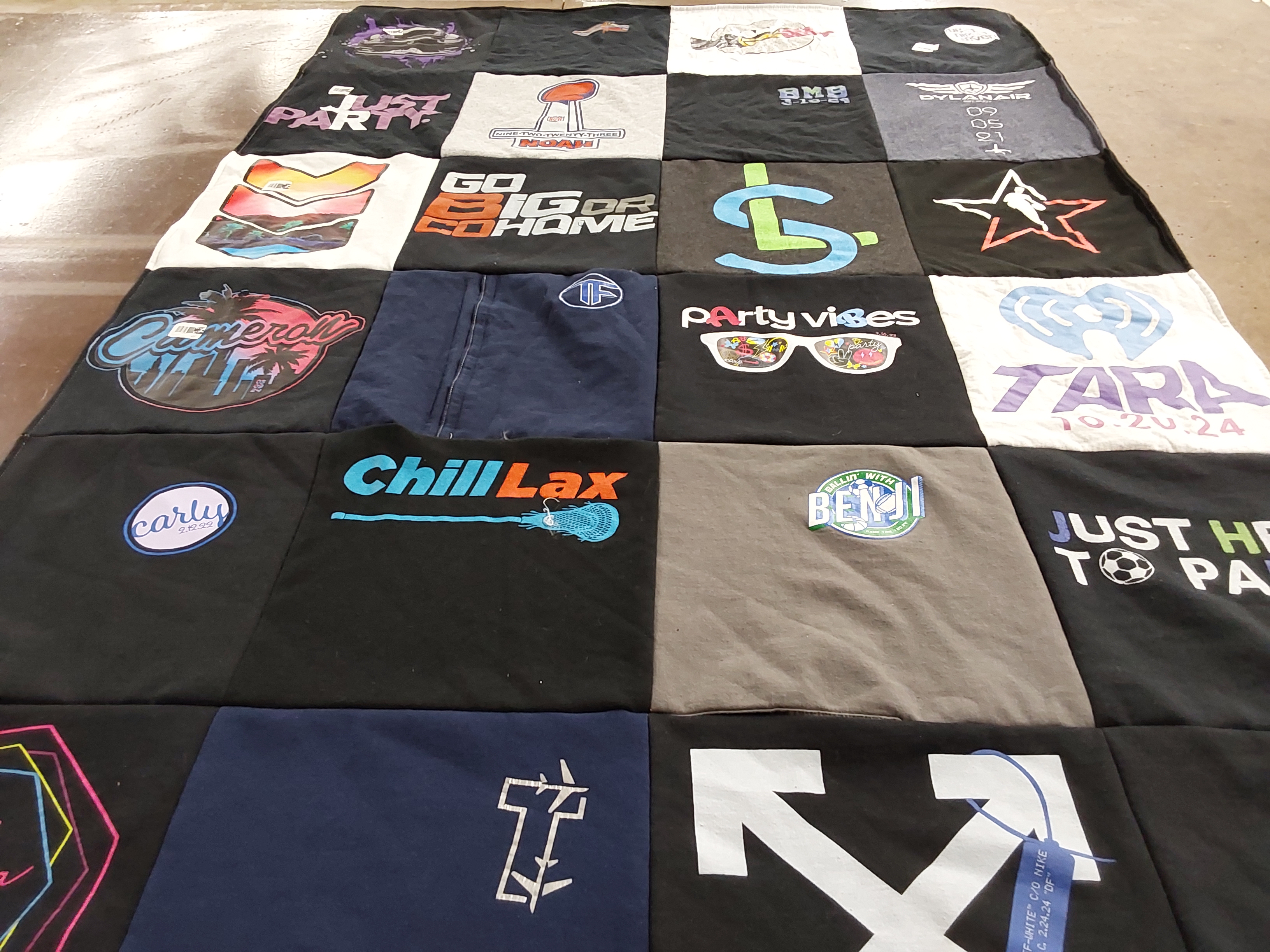 T-shirt quilt with parties, lacrosse themes by Joy from FL