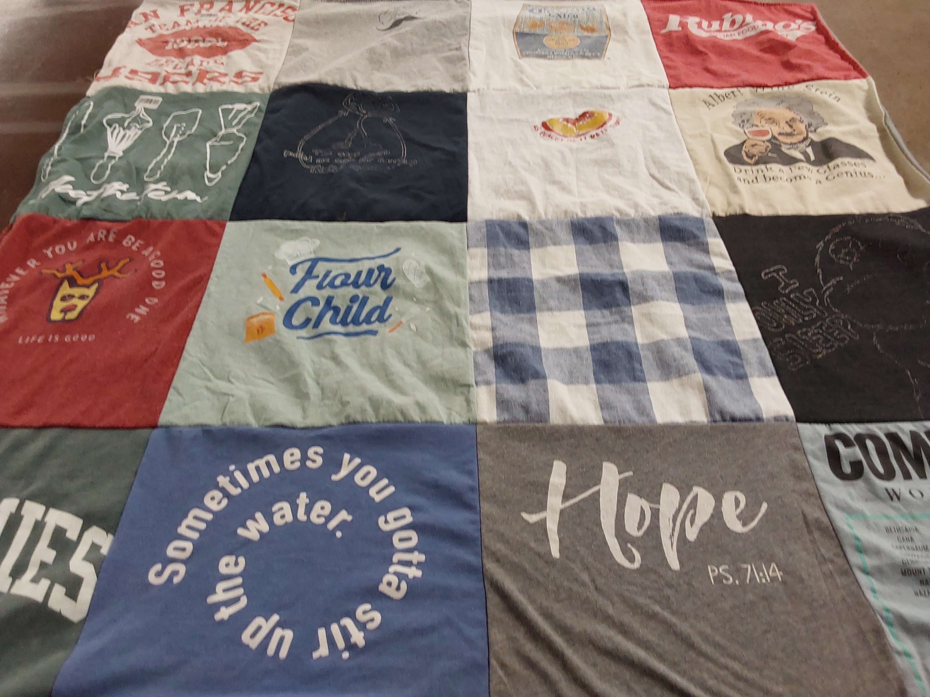 T-shirt quilt with cooking, food themes by Cassie from FL
