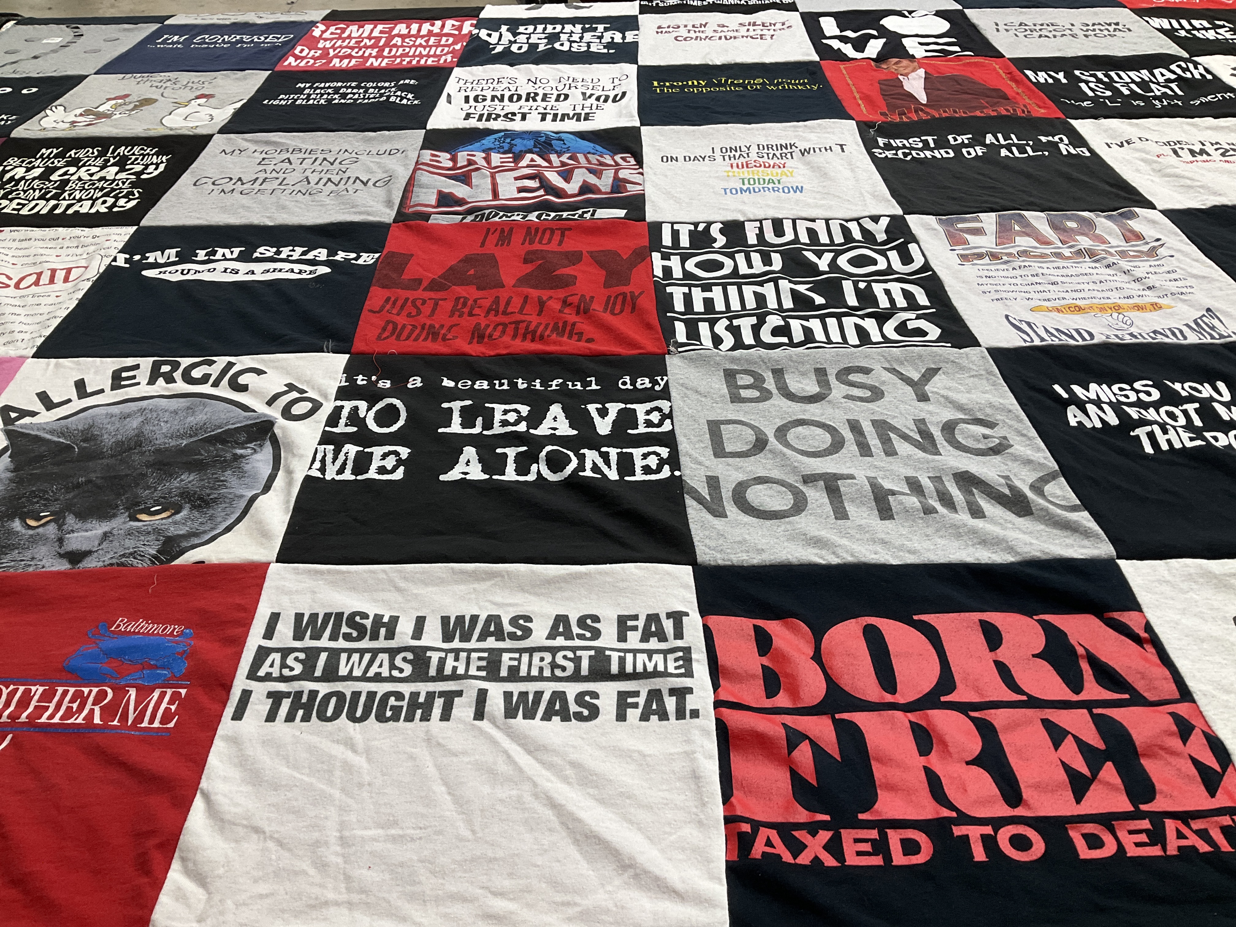T-shirt quilt with humor, comedy themes by Marietta from PA
