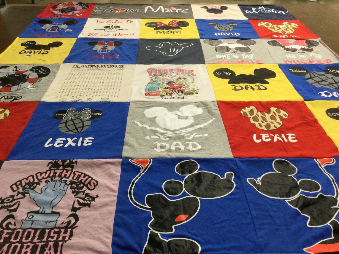 T-shirt quilt with disney, amusement parks themes by Leah from TX