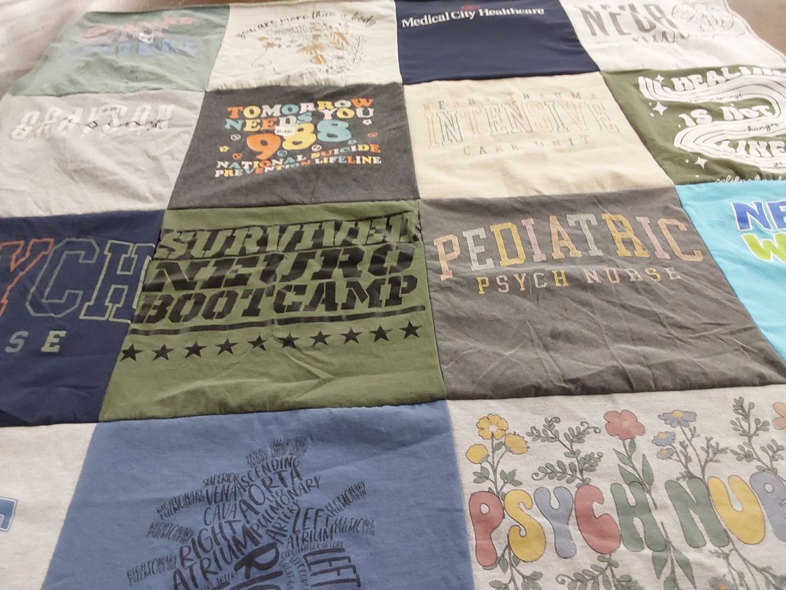 T-shirt quilt with nursing, healthcare themes by Jenna from TX