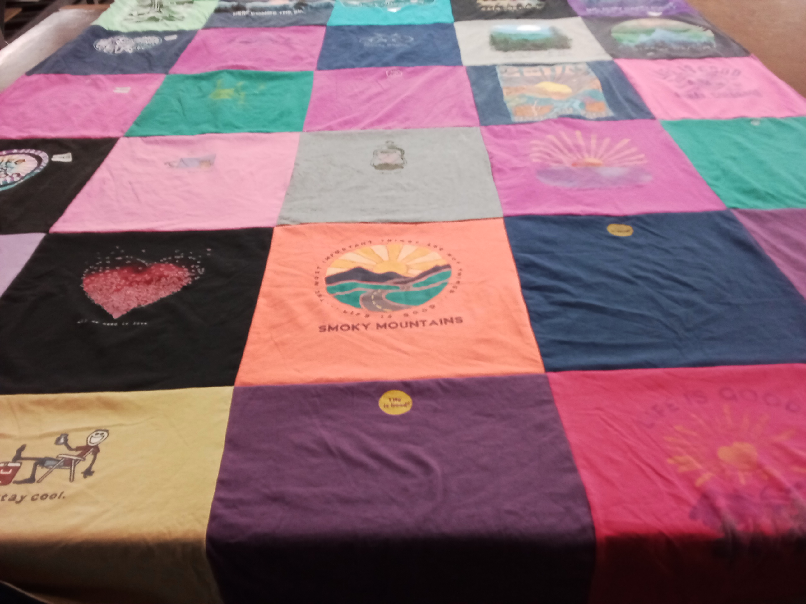 T-shirt quilt with nature, outdoor activities themes by Janet from ME