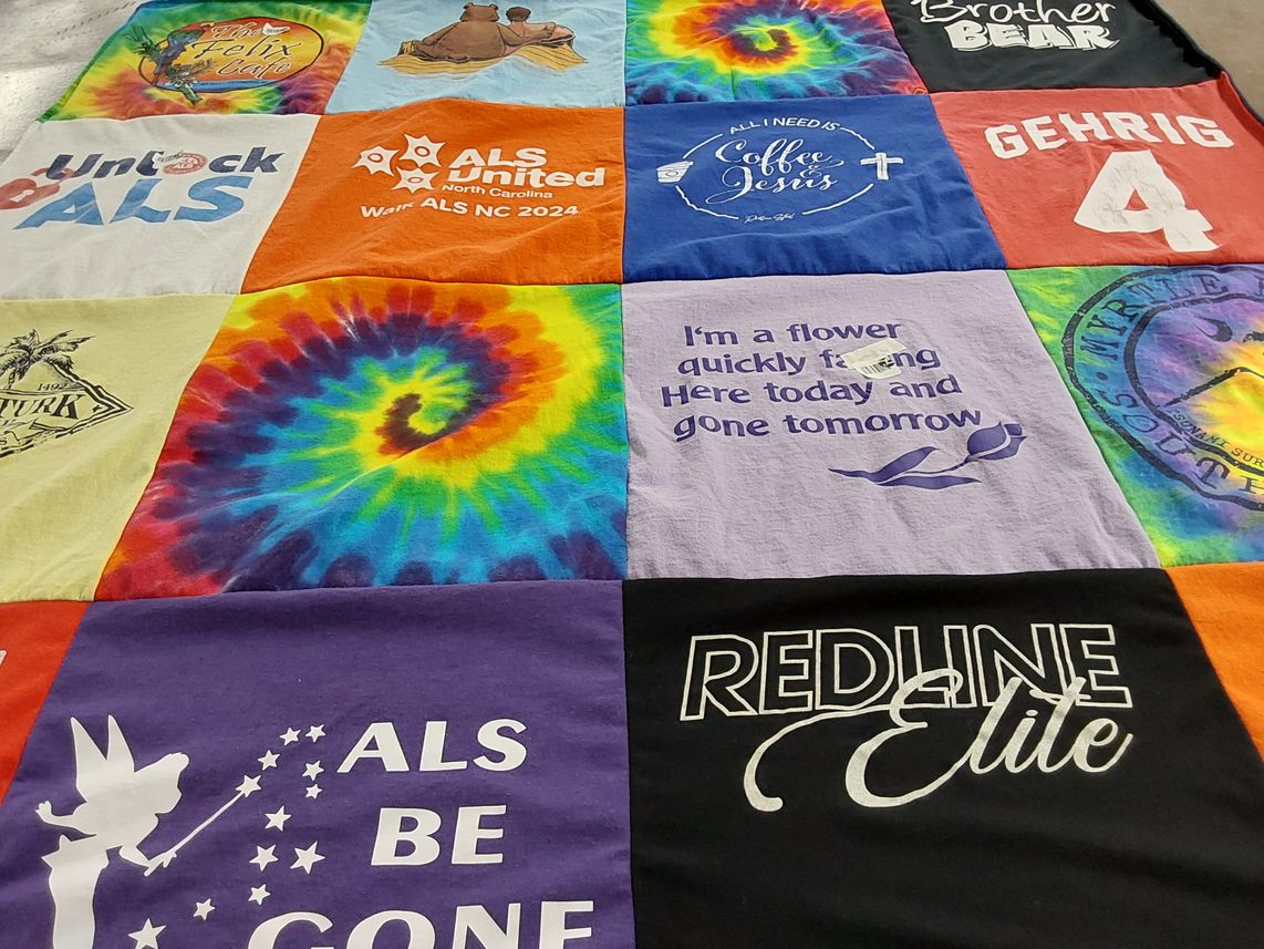 T-shirt quilt with als awareness, coffee themes by Stephen from NC