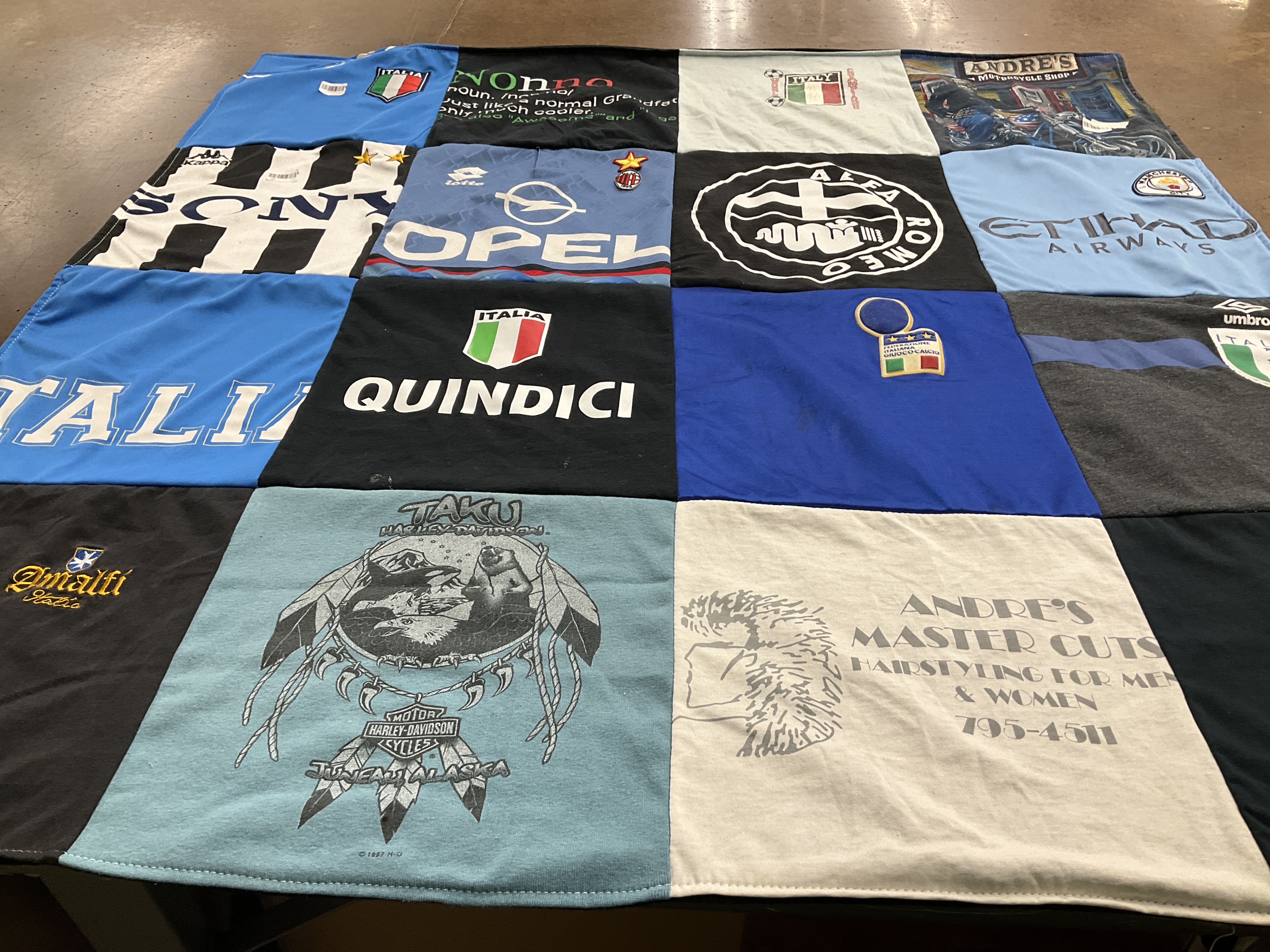 T-shirt quilt with motorcycling, hair styling themes by Lisette from FL