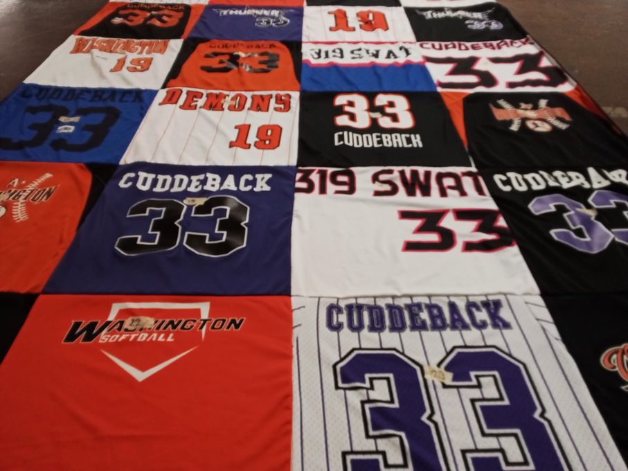 T-shirt quilt with softball themes by April from IA
