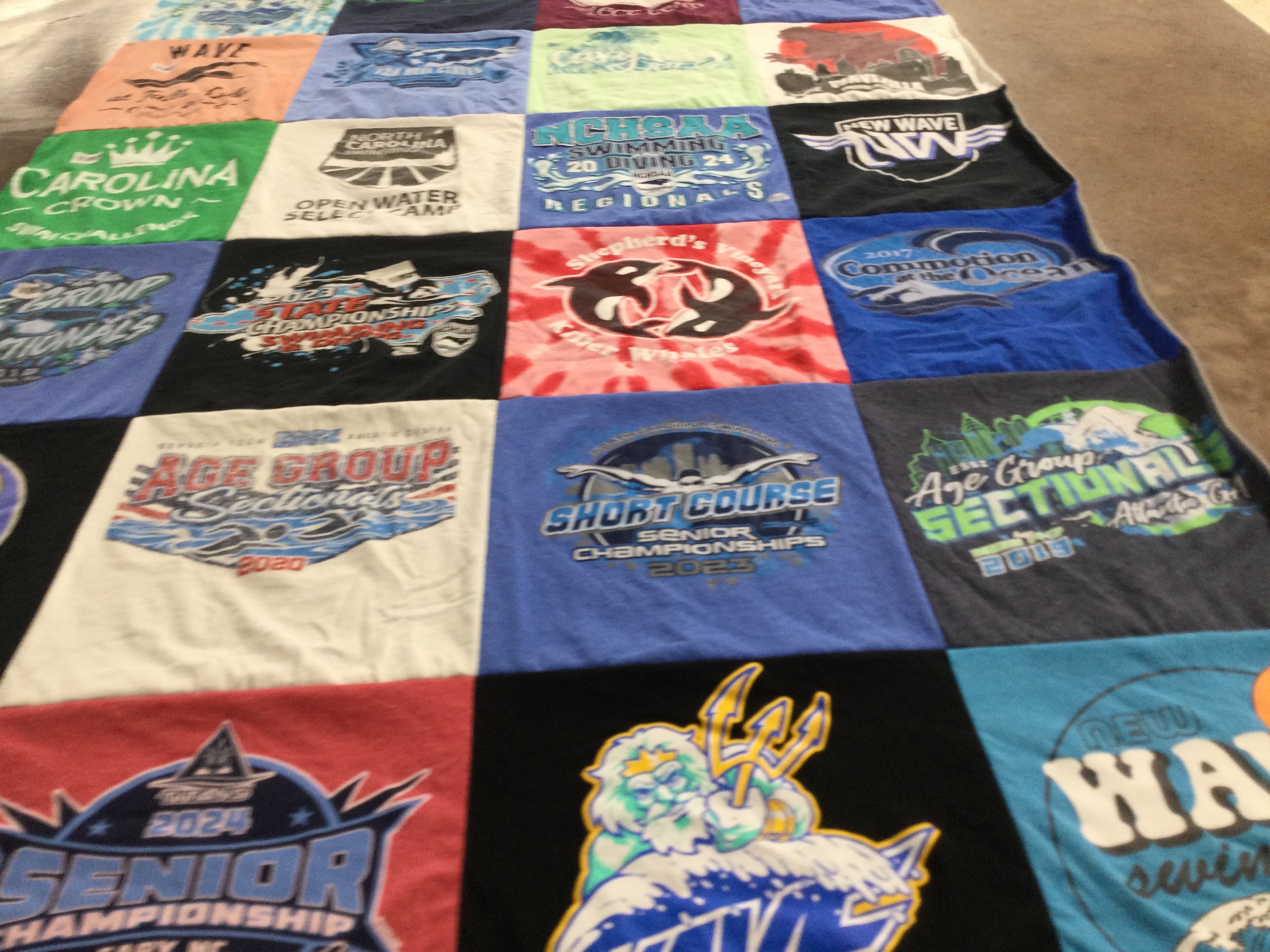 T-shirt quilt with swimming, competitive sports themes by Janis from NC
