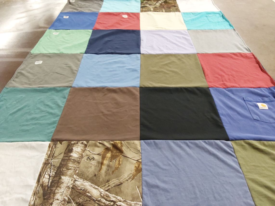 T-shirt quilt with outdoor activities, hunting themes by Sandra from TX