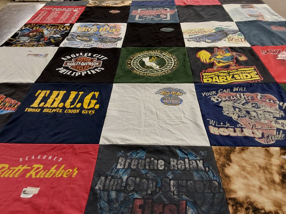T-shirt quilt with motorcycle, biking themes by Rachel from NC