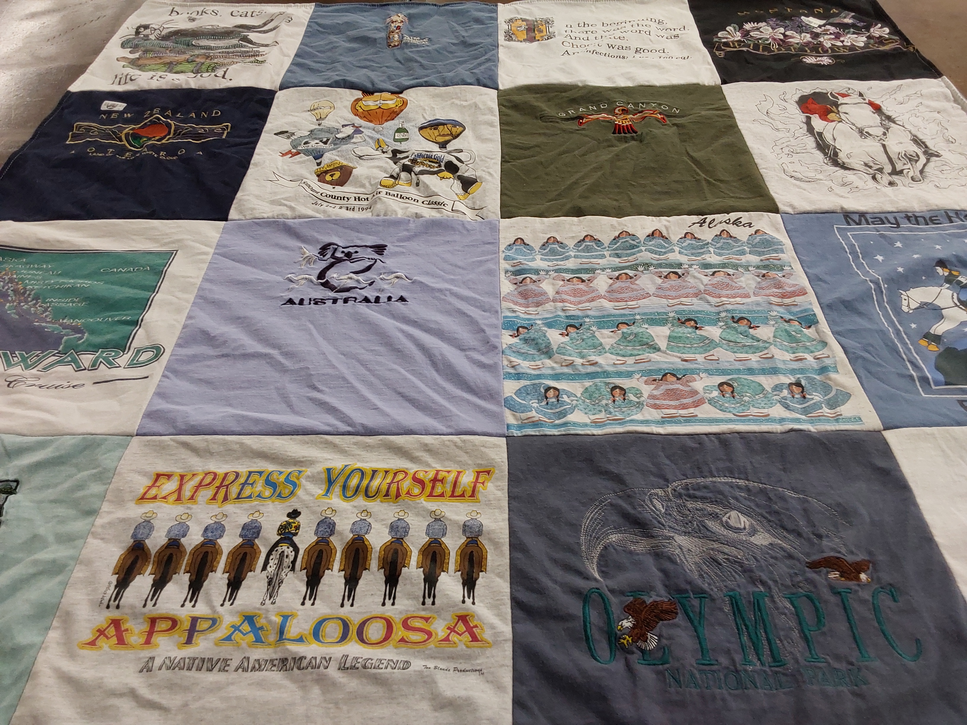 T-shirt quilt with travel, animals themes by pamela from MT