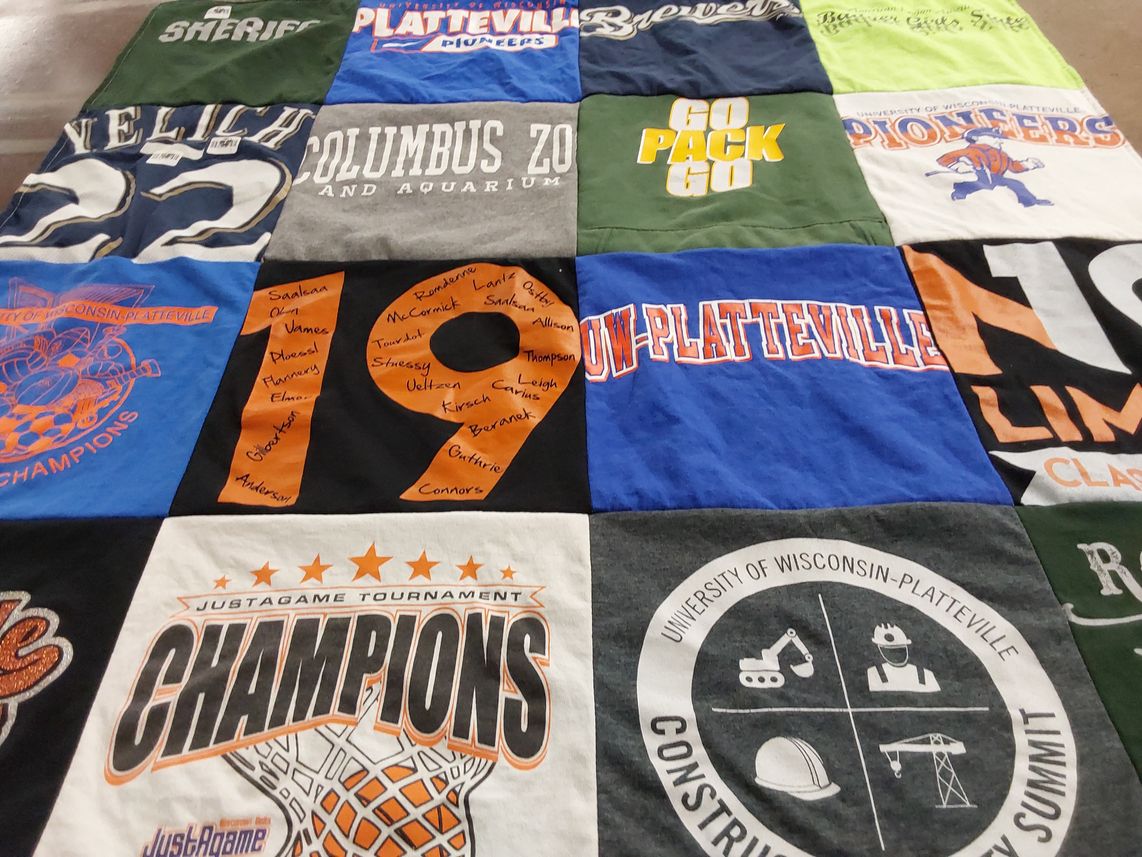 T-shirt quilt featuring university of wisconsin-platteville pioneers by Natalie from WI