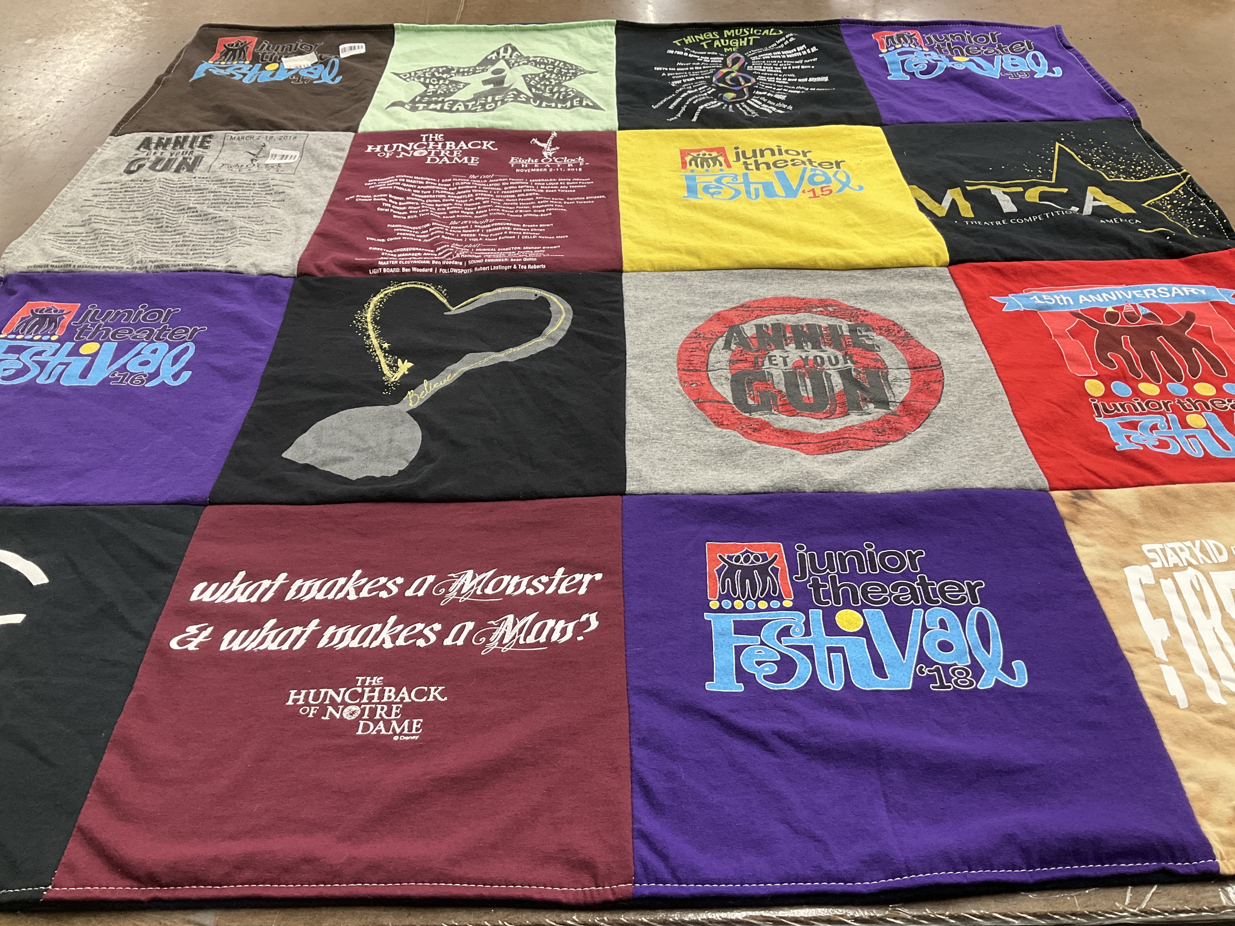 T-shirt quilt with theater, musicals themes by Jennifer from FL