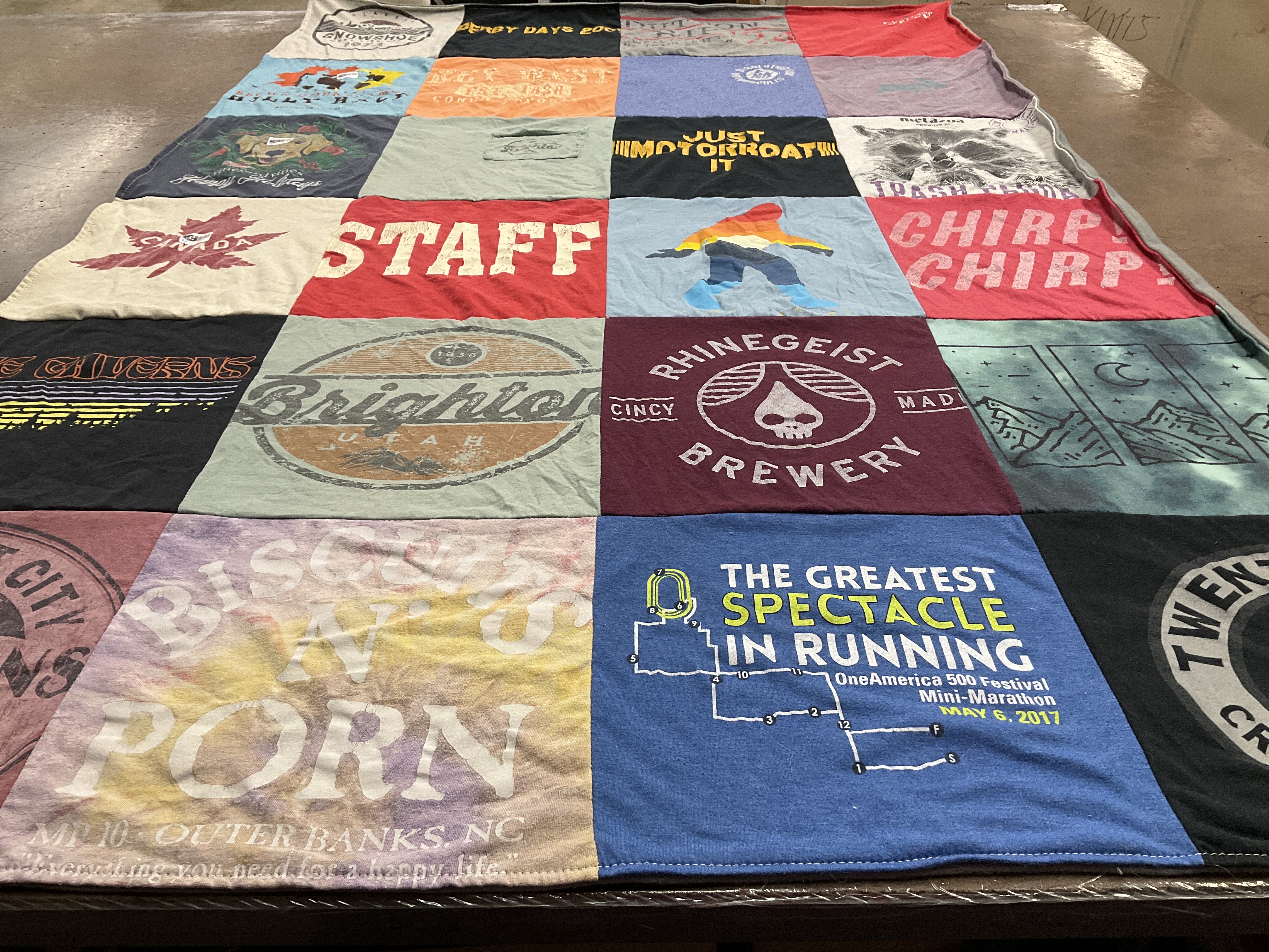 Custom Project Repat t-shirt quilt highlighting running, breweries themes.