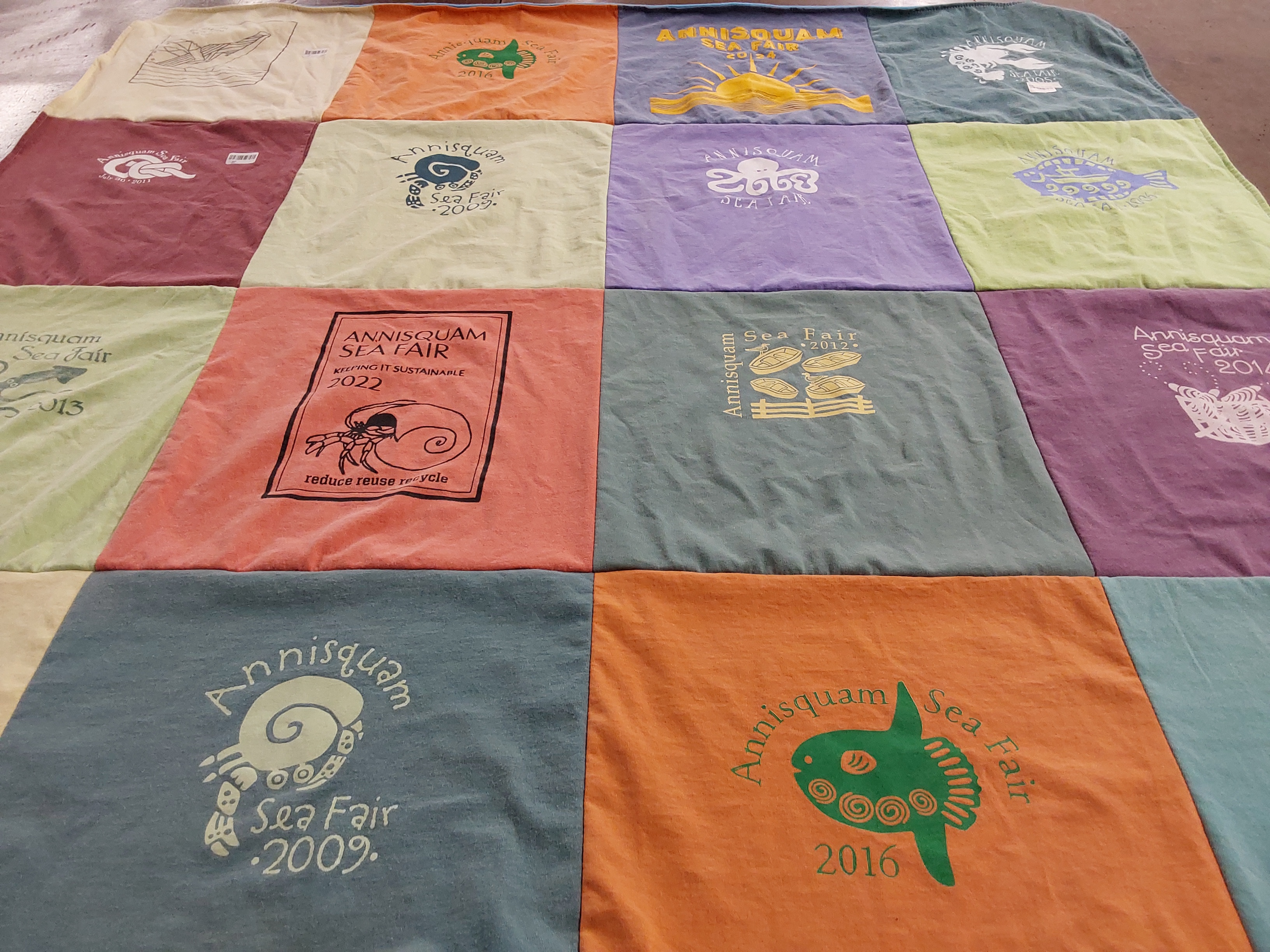 T-shirt quilt with sustainability, community events themes by Kathleen from MA