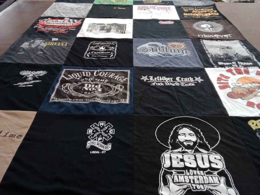 T-shirt quilt with music, bands themes by Danielle from FL