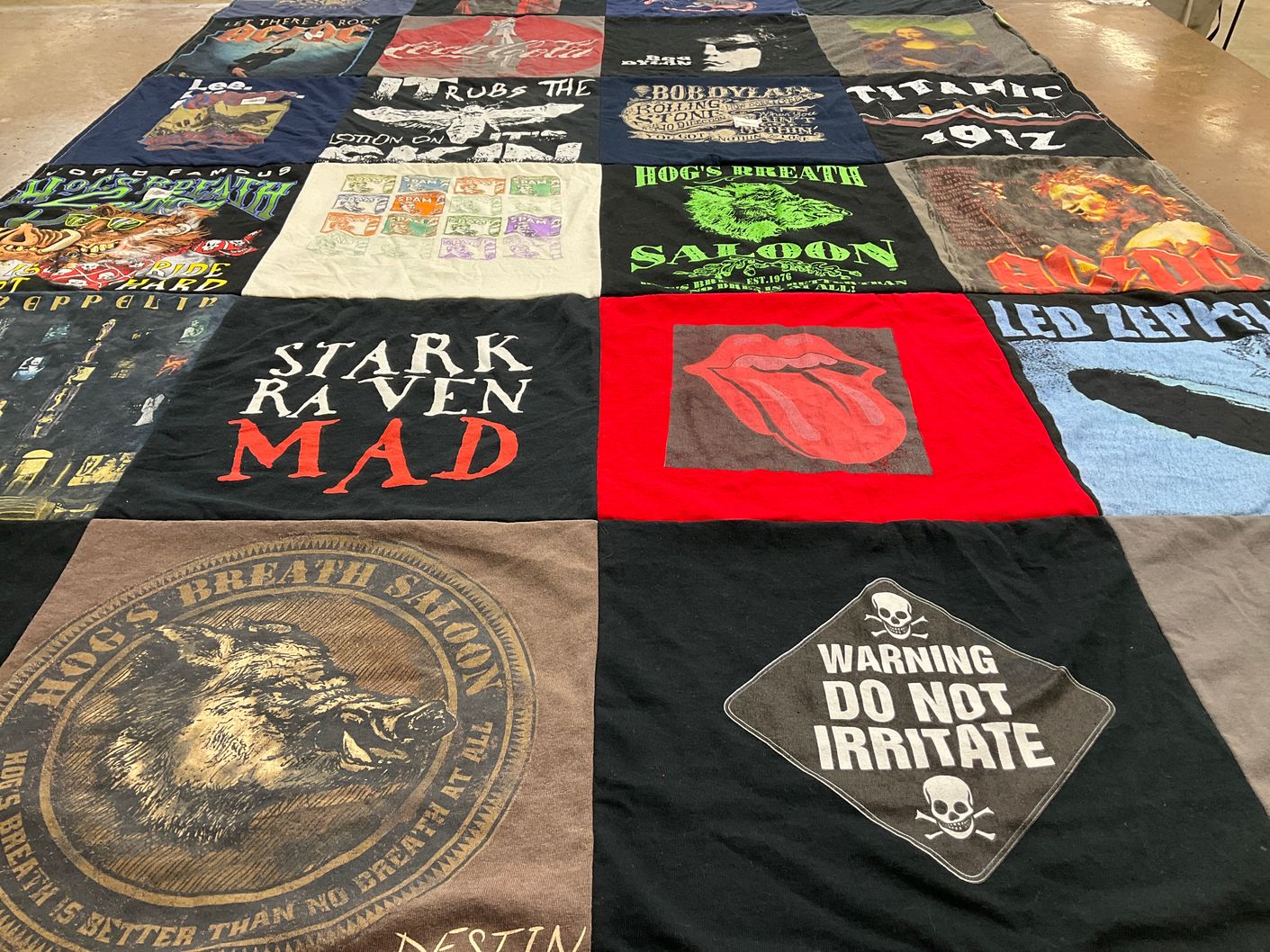 T-shirt quilt with music, rock music themes by Pam from OH