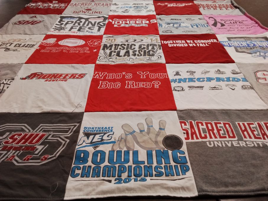 T-shirt quilt featuring sacred heart university bowling team by Abigail from MA
