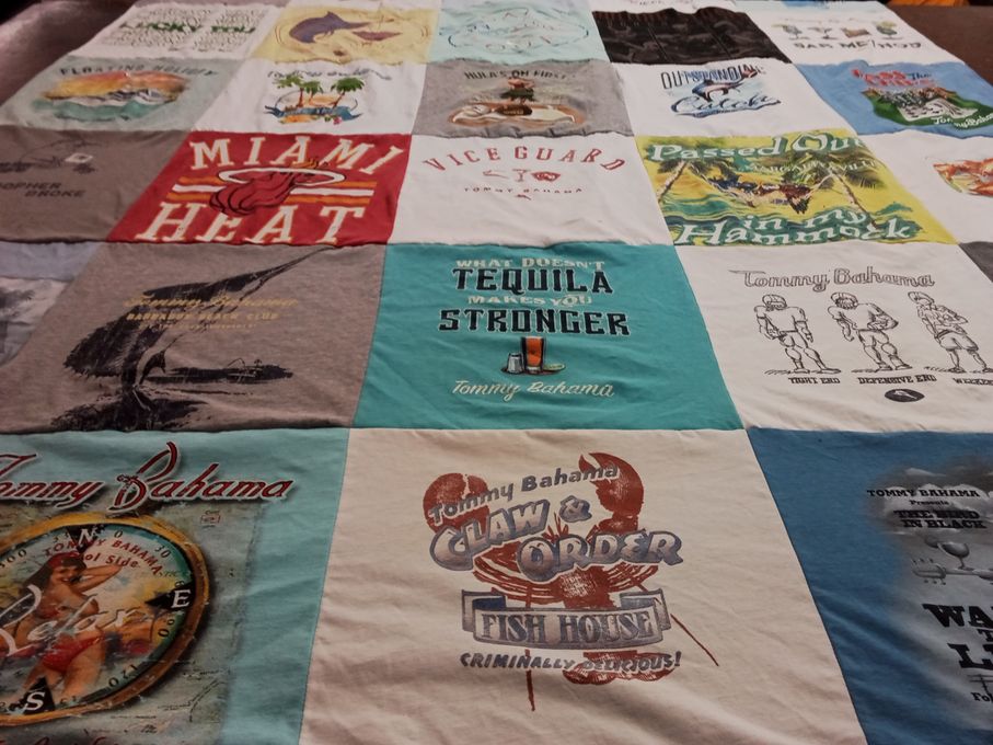 T-shirt quilt with sports, beach themes by Barbara from FL