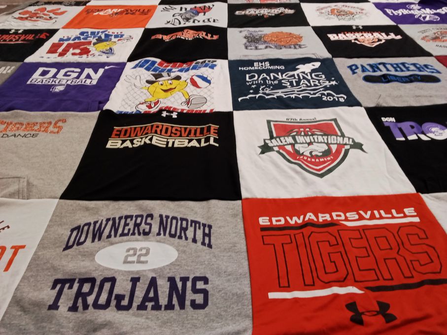 T-shirt quilt featuring edwardsville tigers, downers north trojans by Kathy from IL