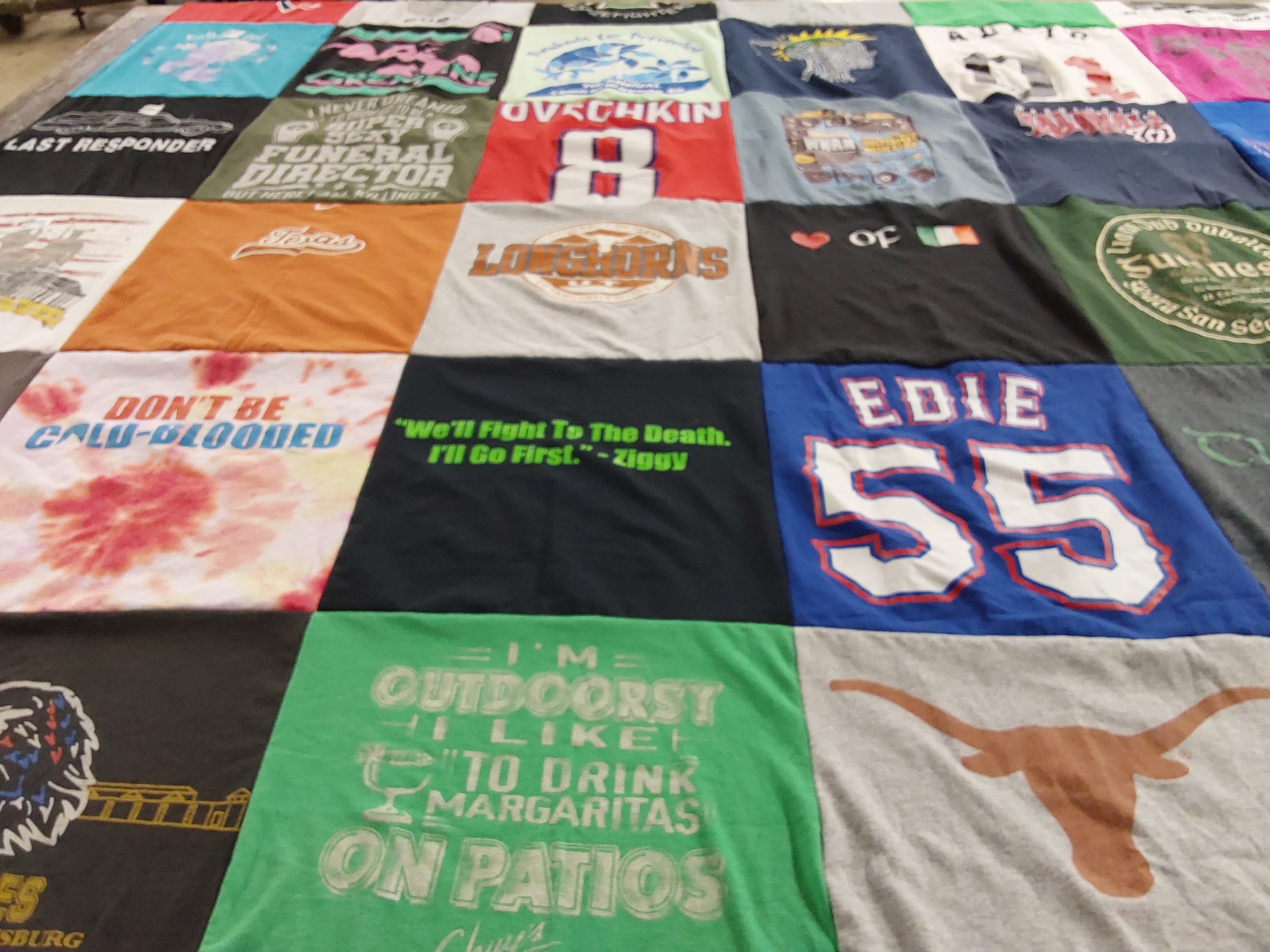 T-shirt quilt with outdoor activities, drinking themes by Margaret from VA