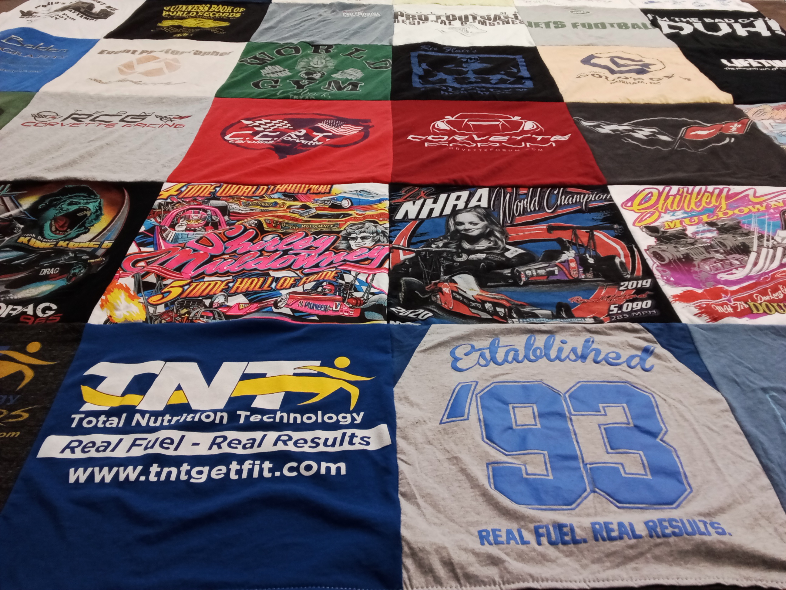 T-shirt quilt with motorsport, fitness themes by Rick from NC