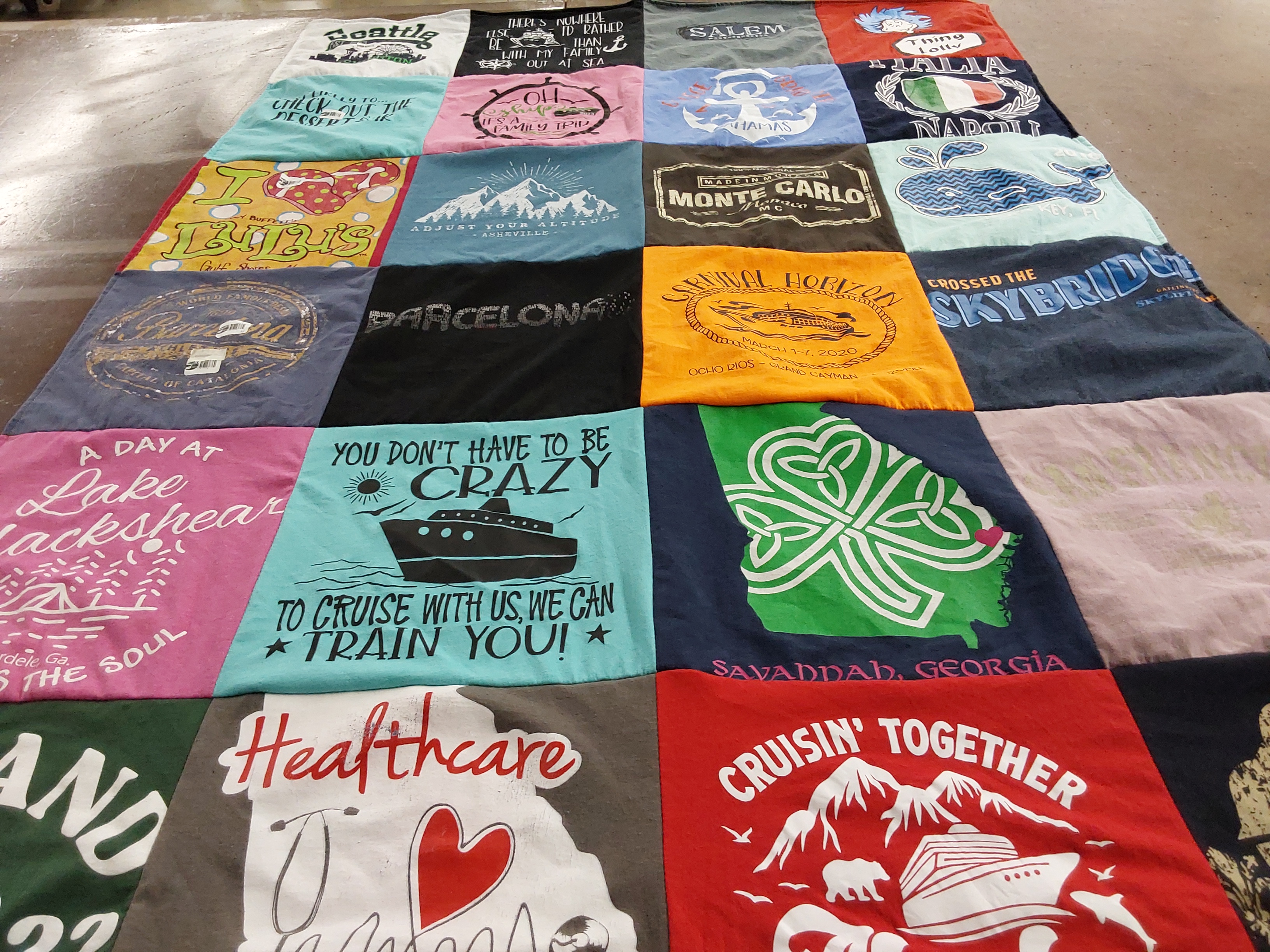 T-shirt quilt with travel, cruising themes by Molly from GA