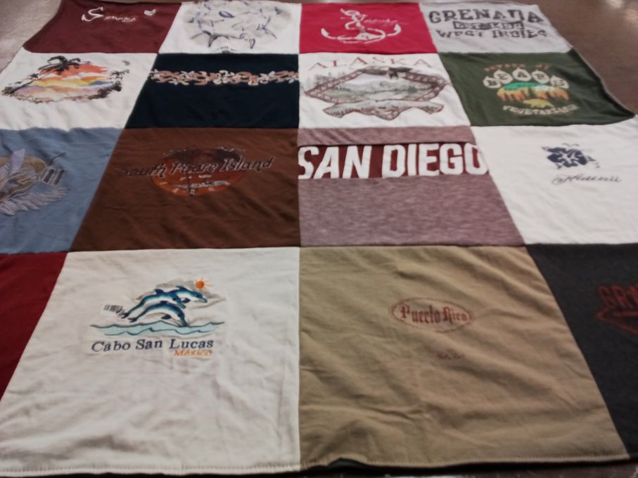 T-shirt quilt with travel, beaches themes by Twila from NM