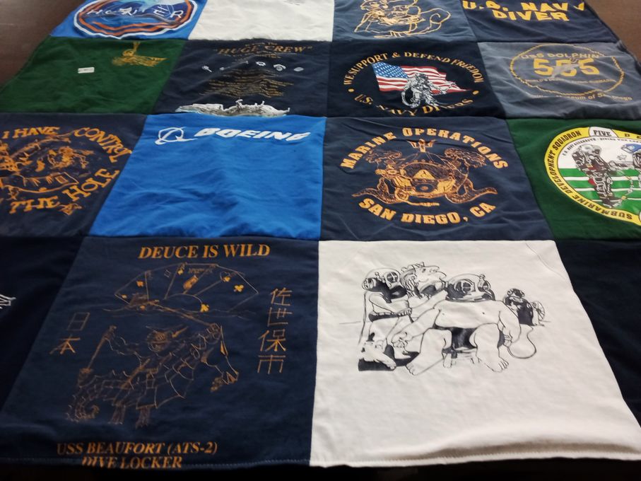 T-shirt quilt with naval, operations themes by Shelley from CA