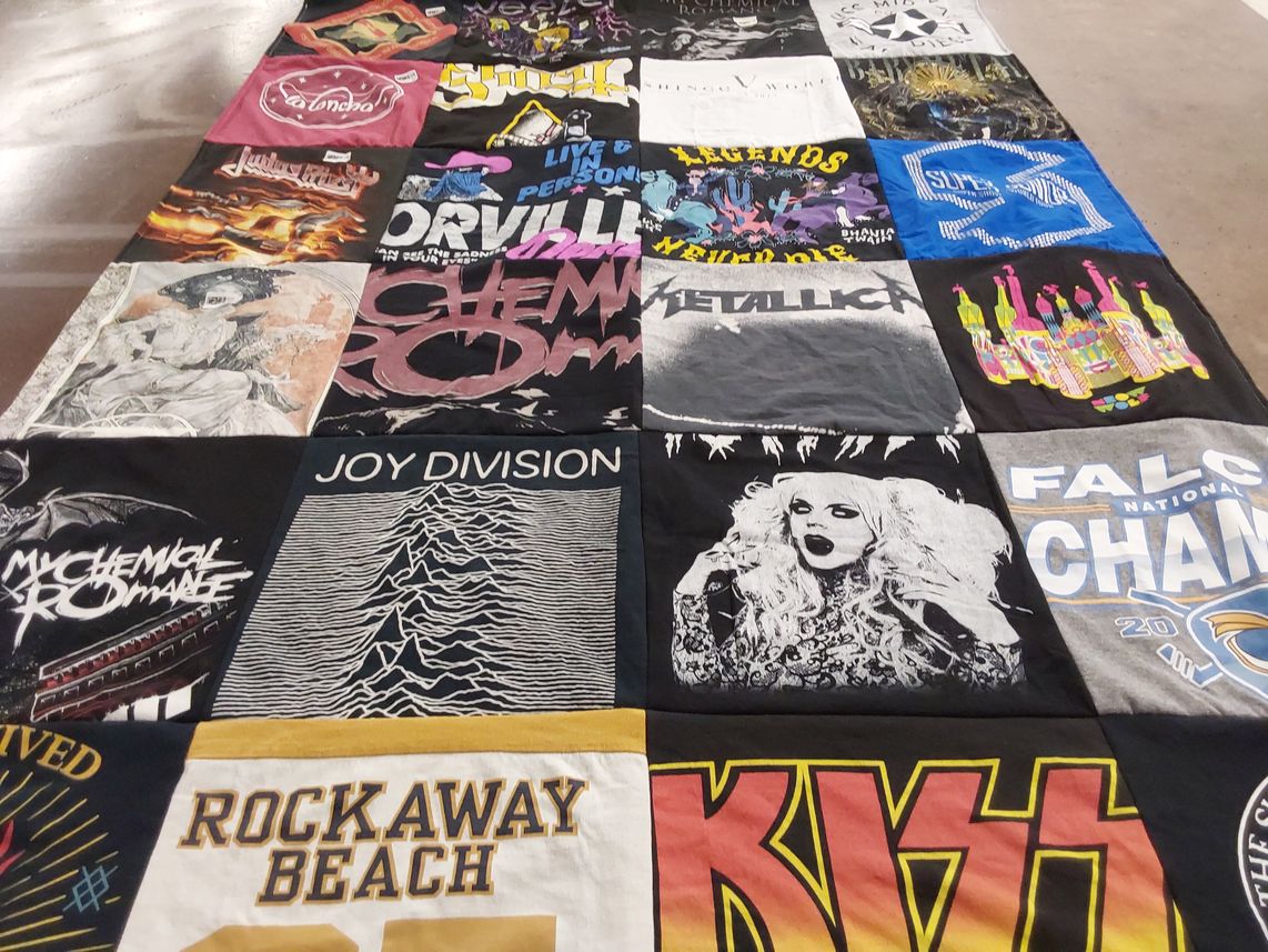 T-shirt quilt with music, rock themes by Kori from NY