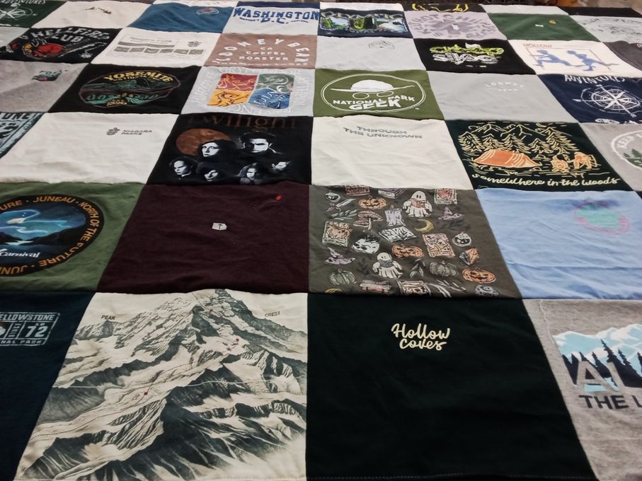 T-shirt quilt with outdoors, camping themes by Charmaine from CA