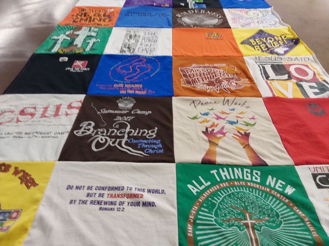 T-shirt quilt with religion, youth camp themes by Valerie from MO