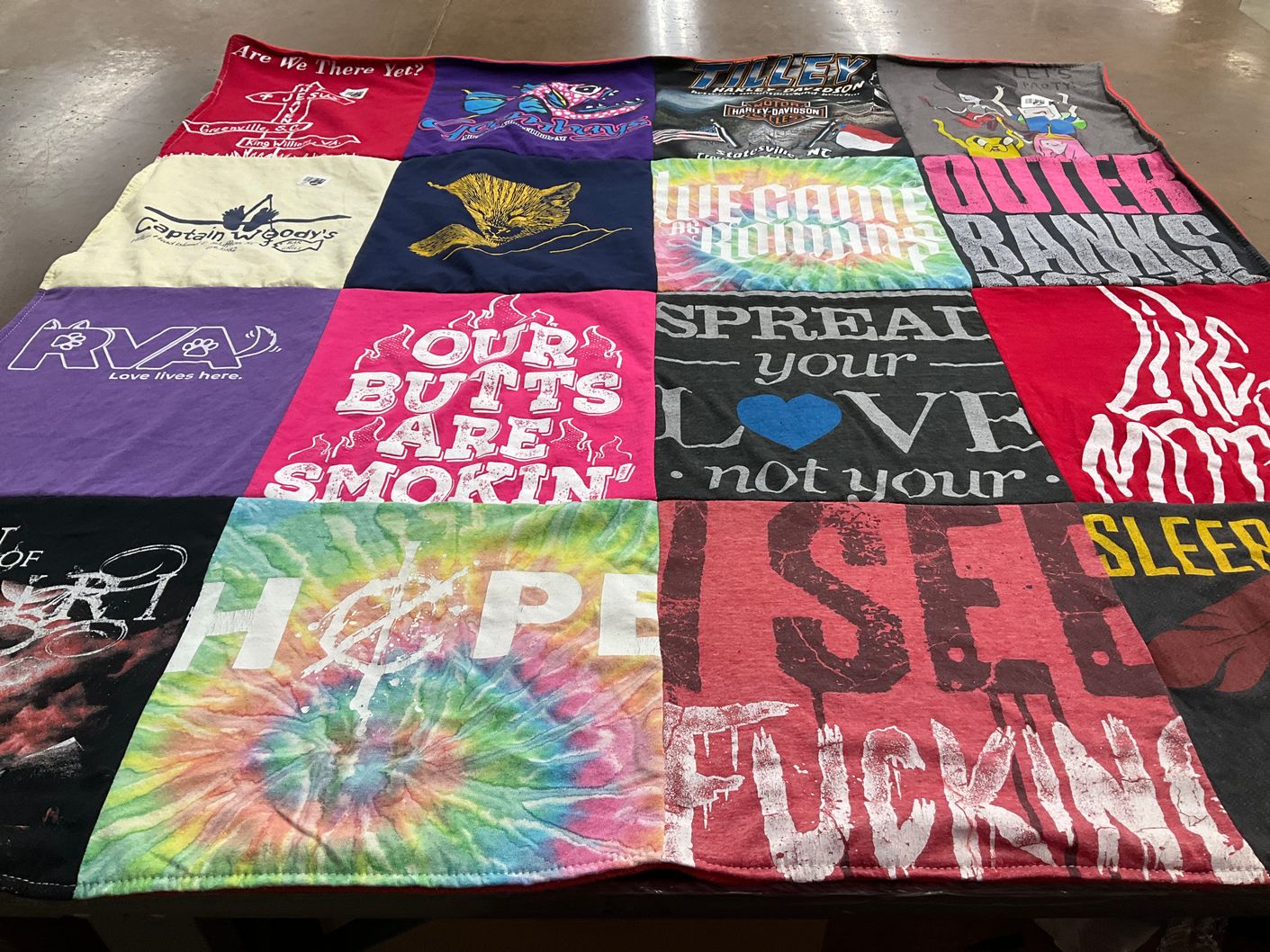 T-shirt quilt with motorcycles, humor themes by Alicia from VA