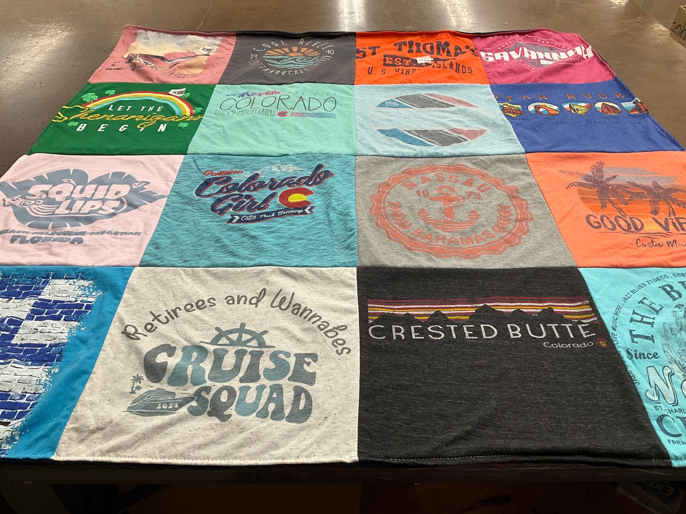 T-shirt quilt with travel, beaches themes by Mitzi from TX