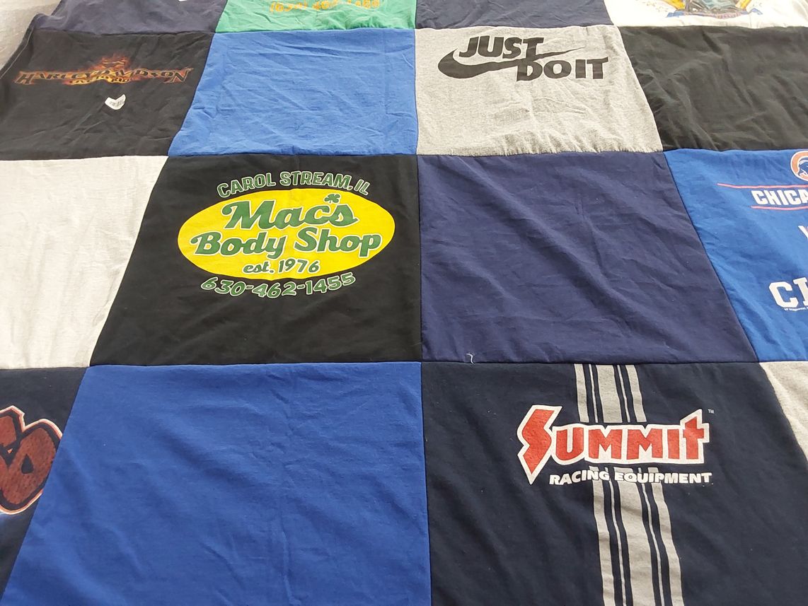 T-shirt quilt with autos, motorcycles themes by Lisa from IL