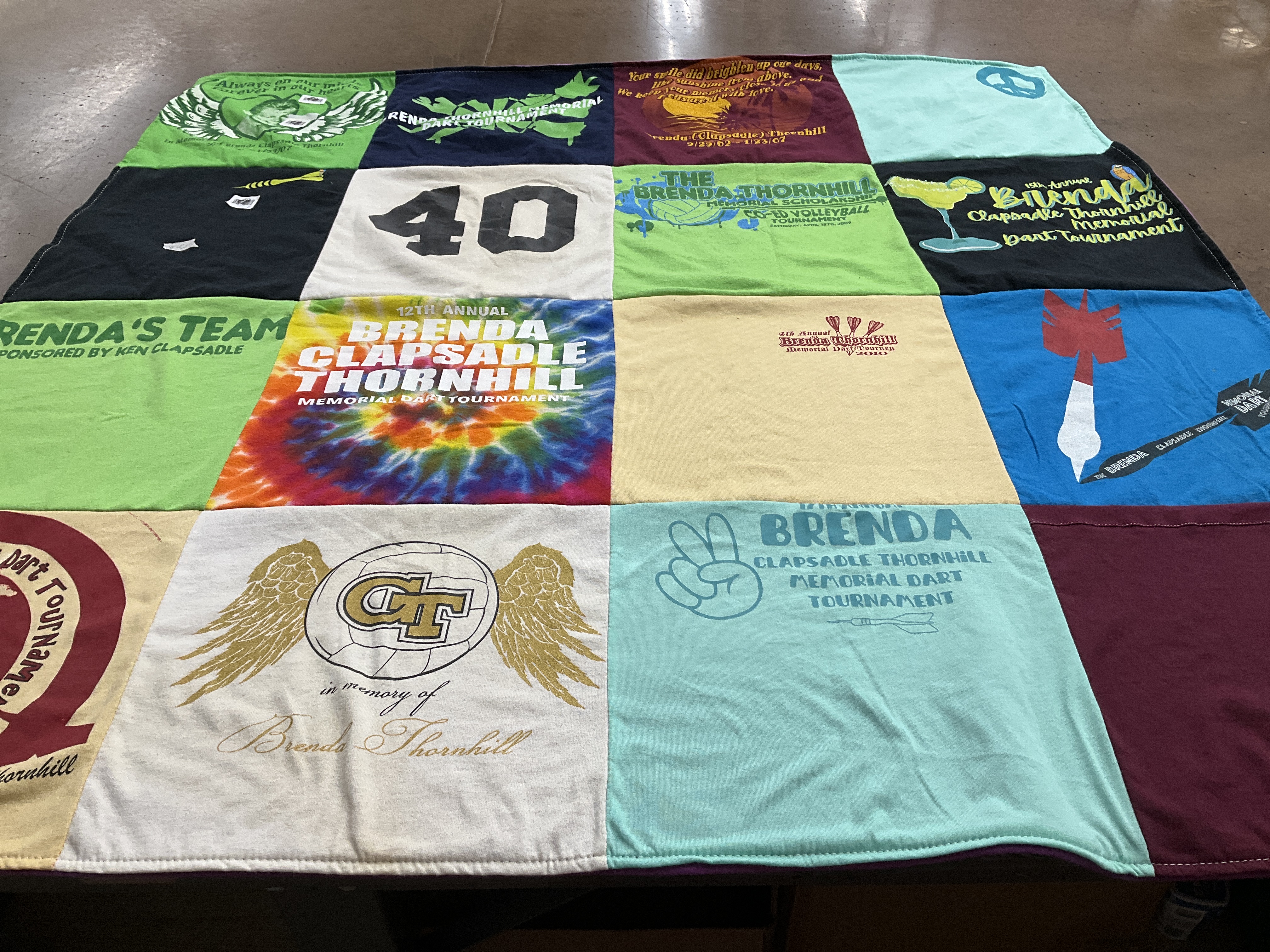 T-shirt quilt from clapsadle thornhill memorial dart tournament by Tracy from PA