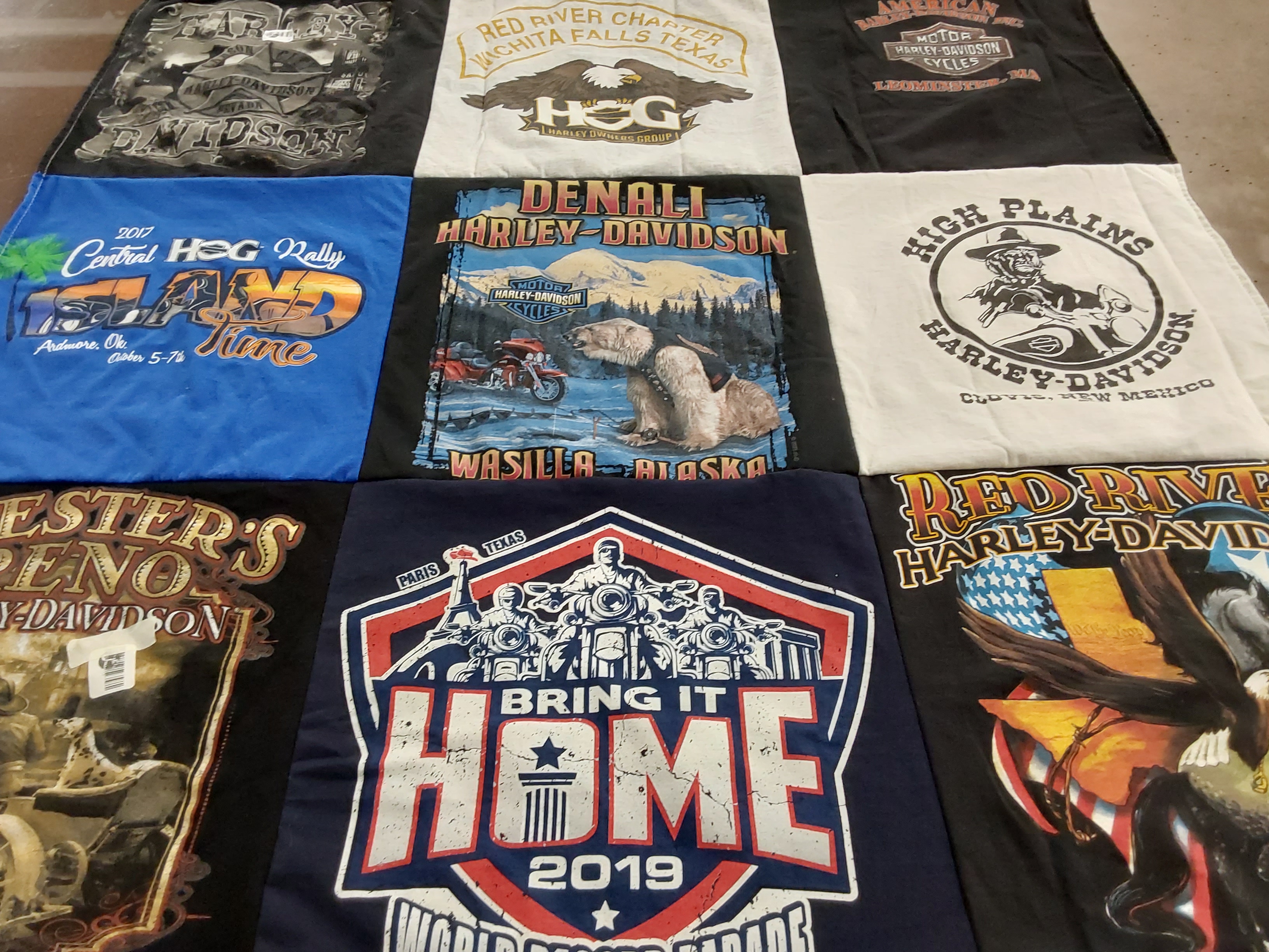 T-shirt quilt with motorcycles, biking themes by Jeffrey from TX
