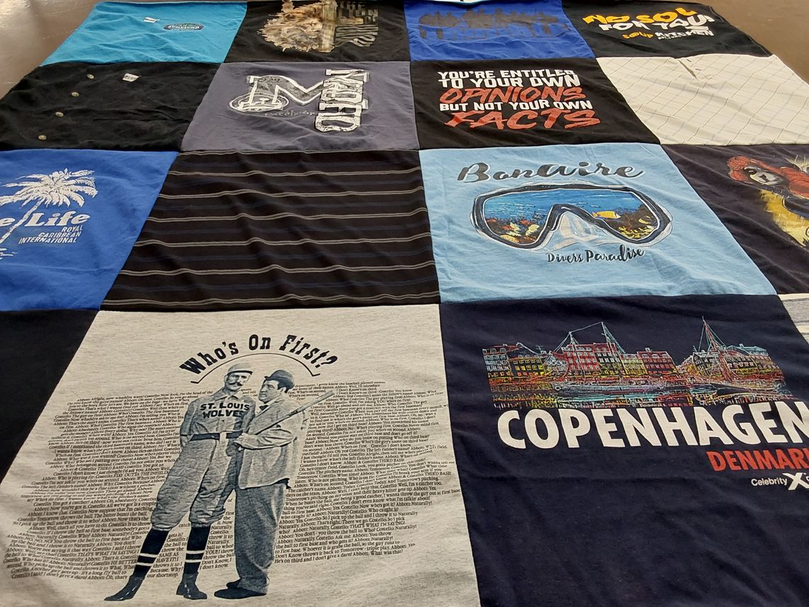 T-shirt quilt with sailing, comedy themes by Christina from NV