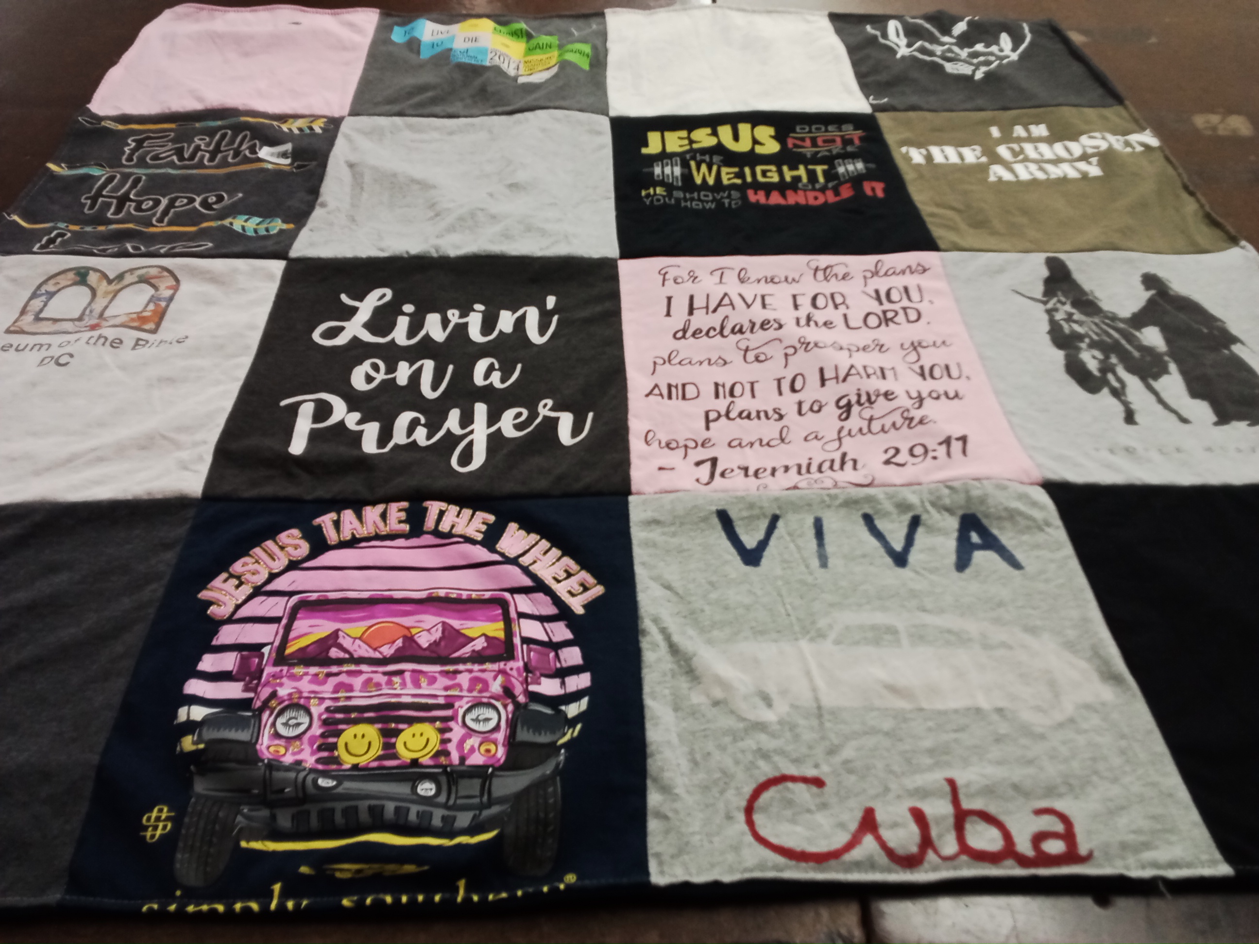 T-shirt quilt with faith, religion themes by Luz from NY