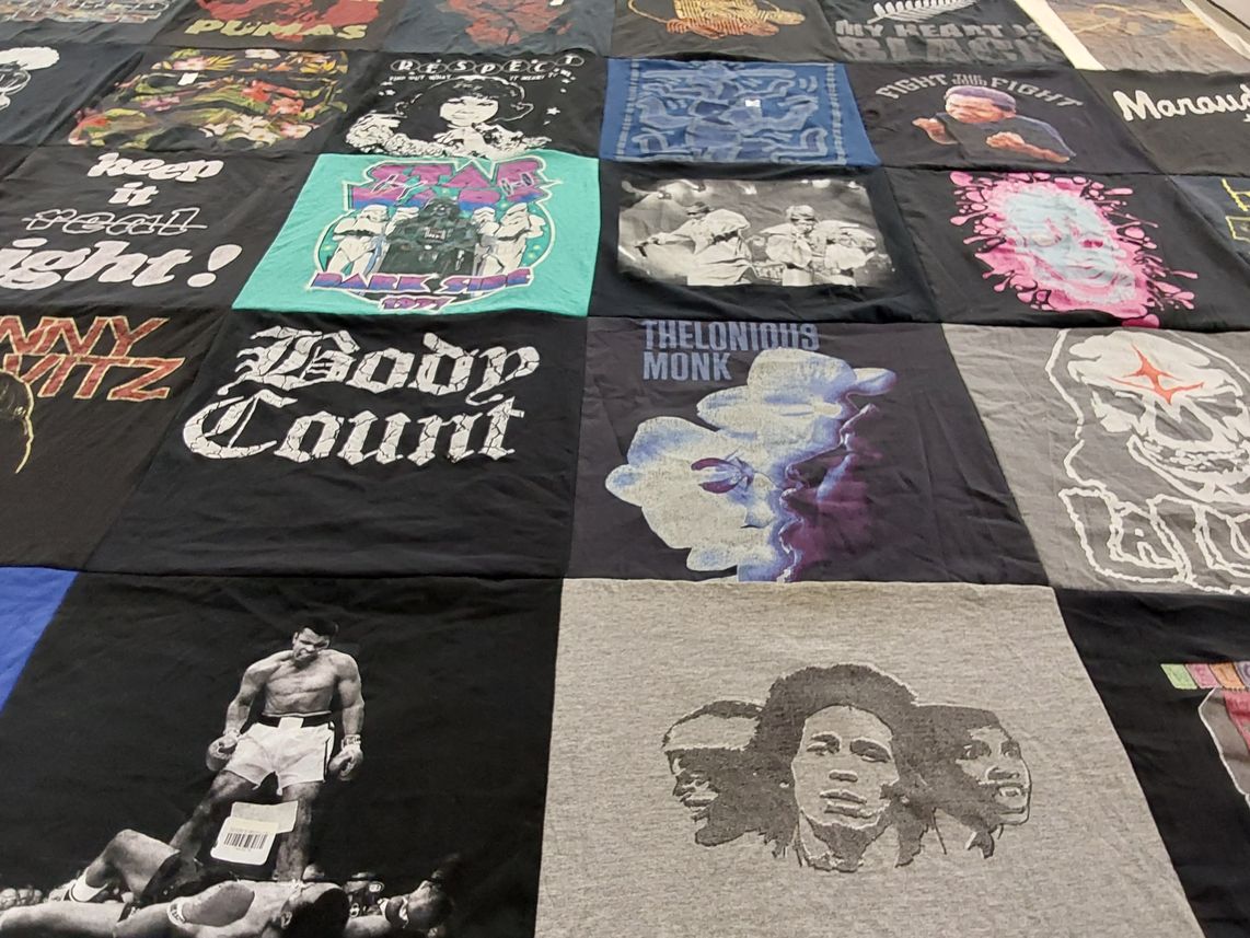 T-shirt quilt with music, boxing themes by Andre from TX