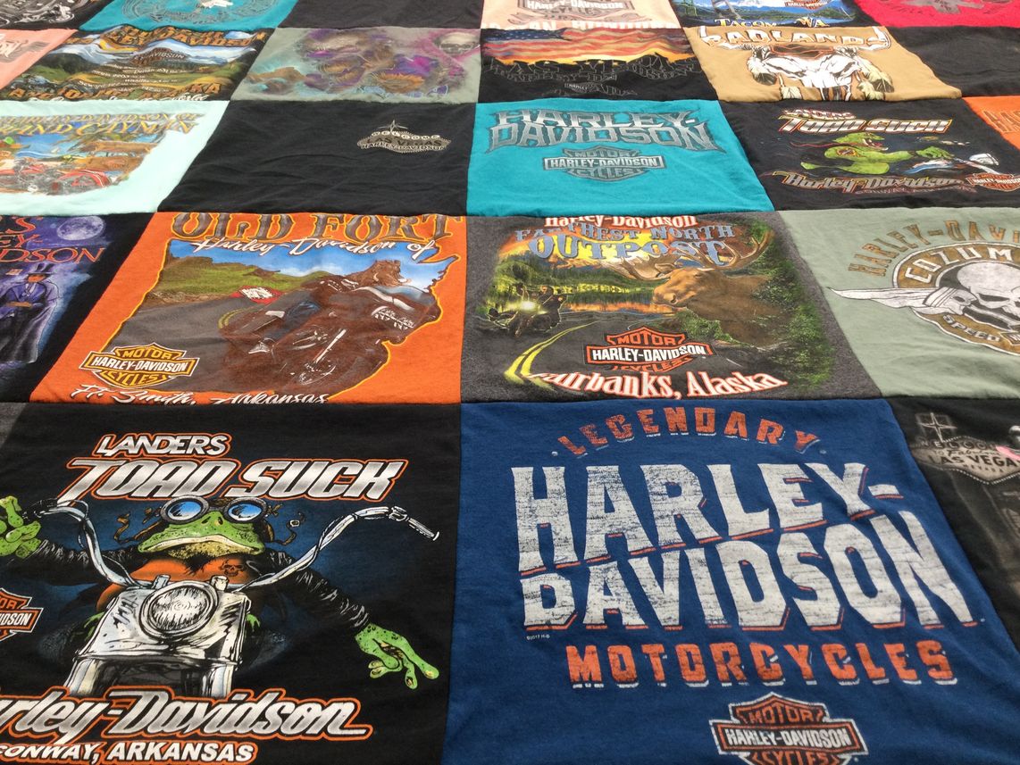T-shirt quilt with motorcycles, biking themes by Janie from AR