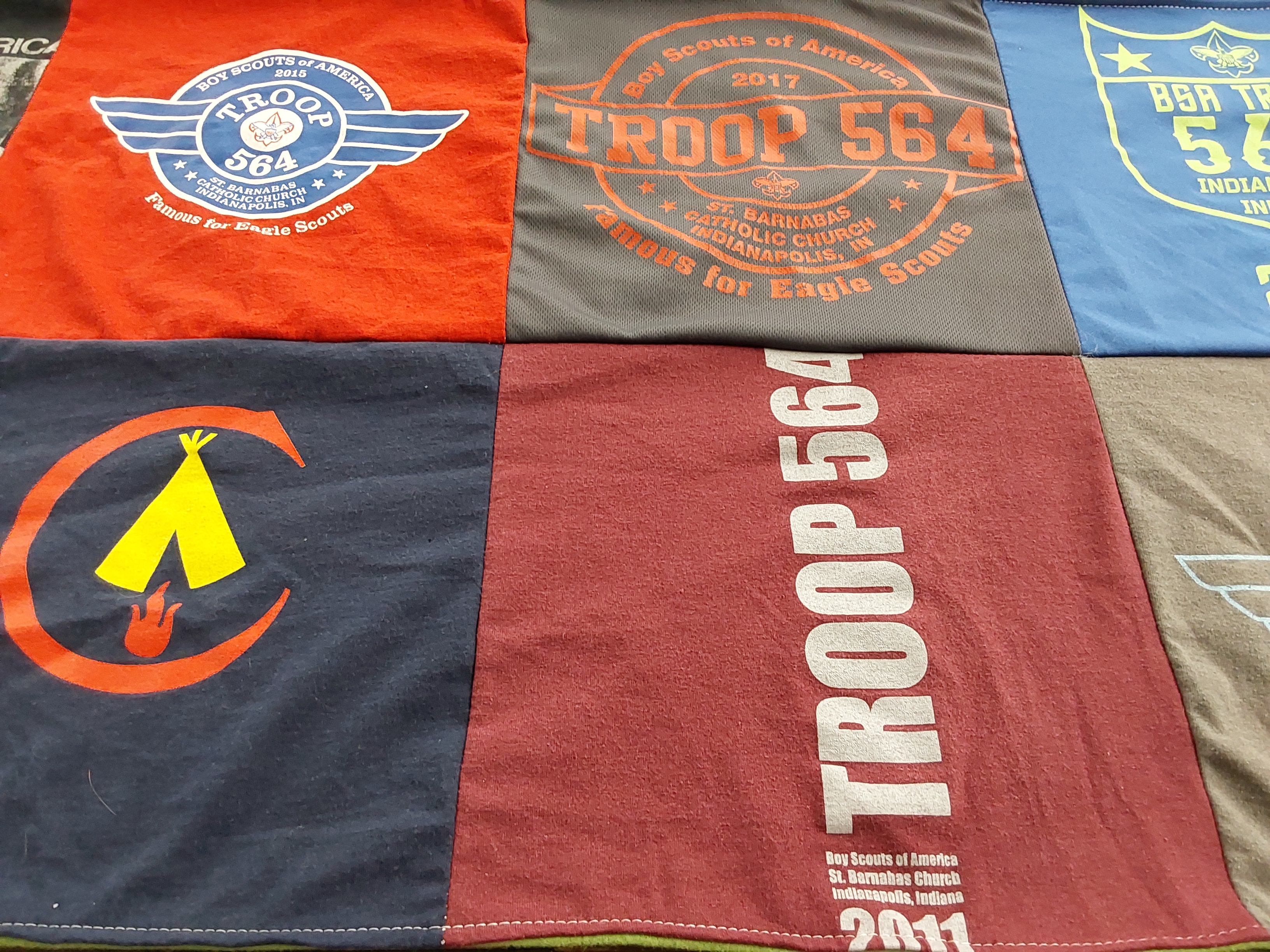 T-shirt quilt with scouting, outdoor activities themes by gary from IN