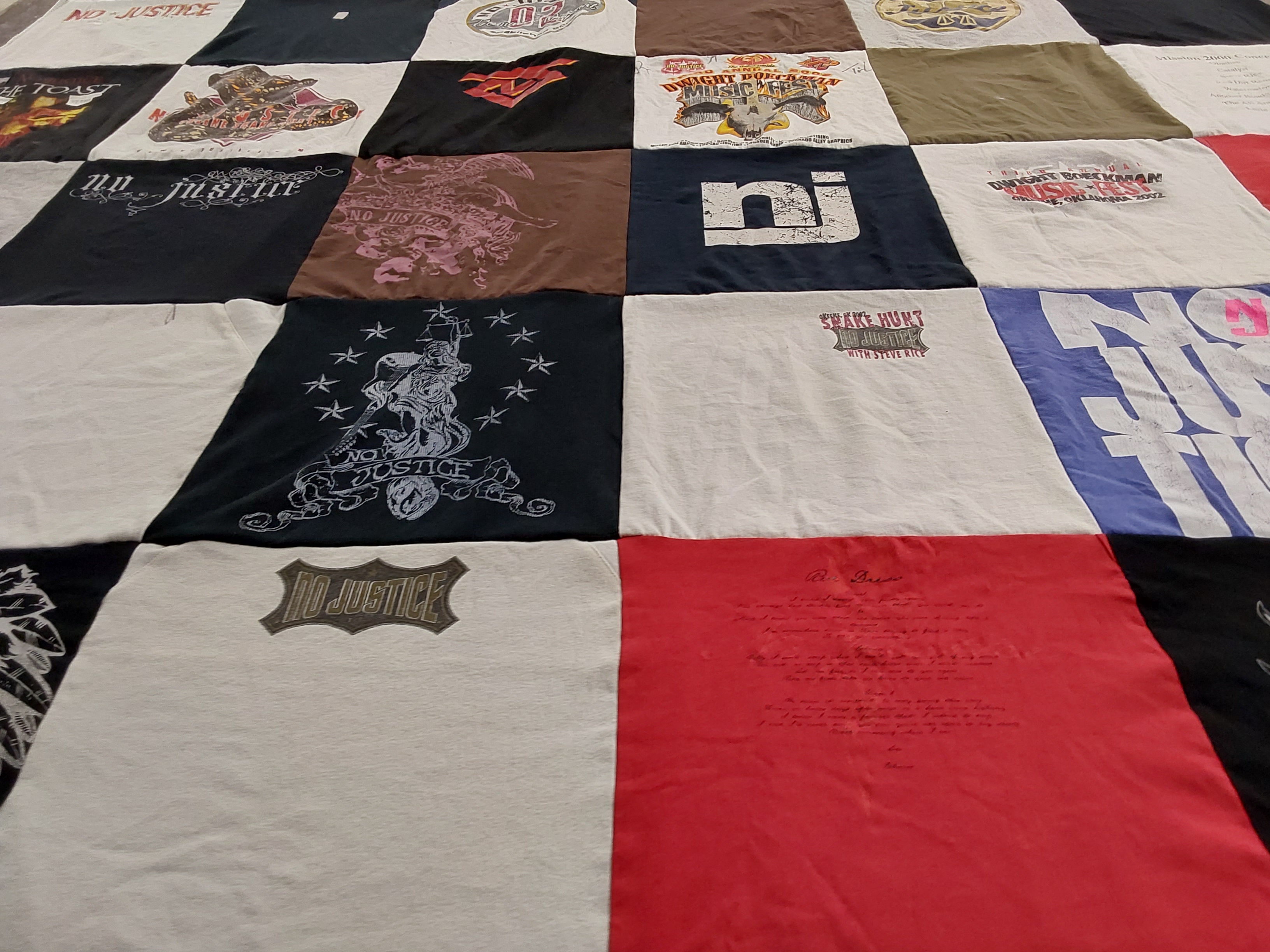T-shirt quilt with music, justice themes by Dian from OK