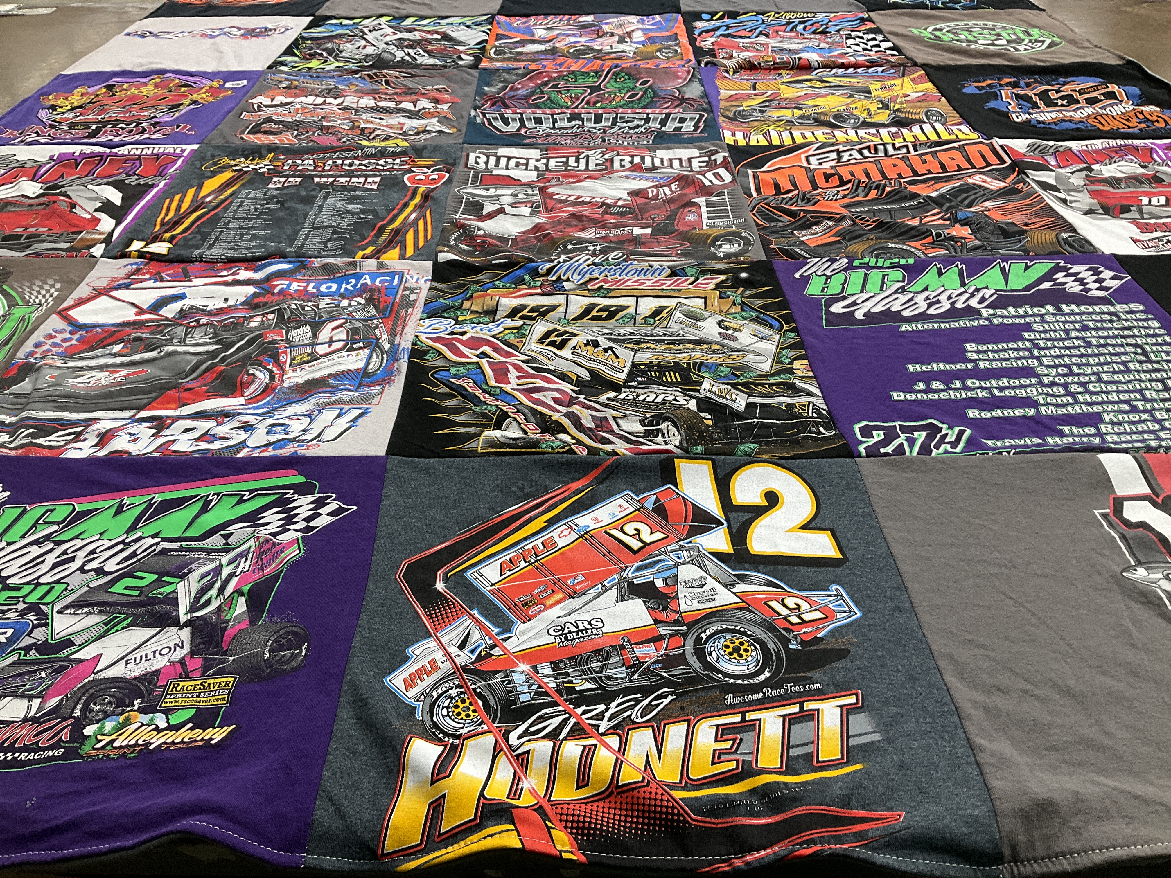 T-shirt quilt with auto racing, motorsports themes by Laura from PA