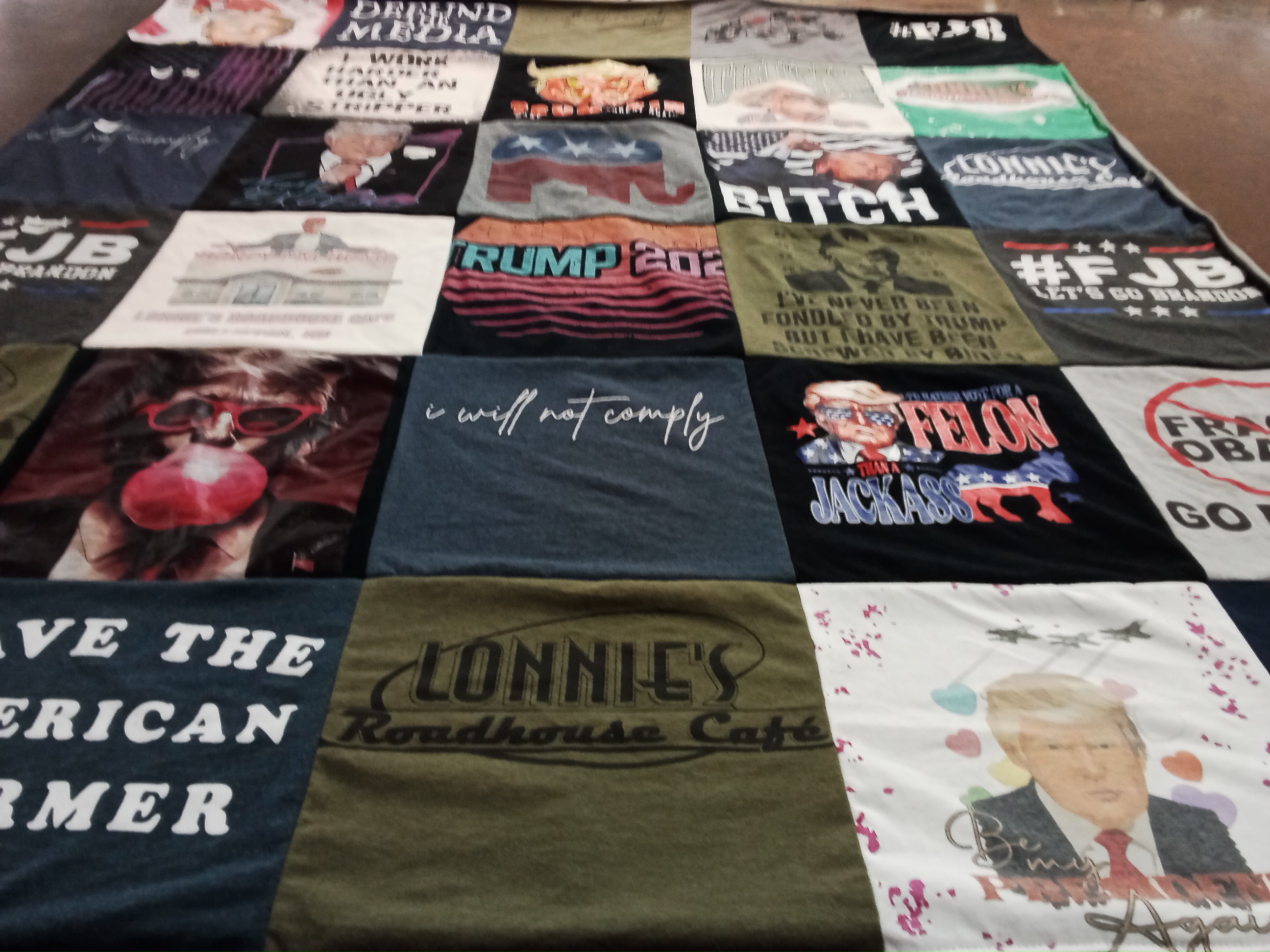 T-shirt quilt with politics, comedy themes by Kelley from OK