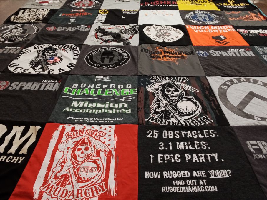 T-shirt quilt with obstacle course racing, fitness themes by JodiAnn from NJ