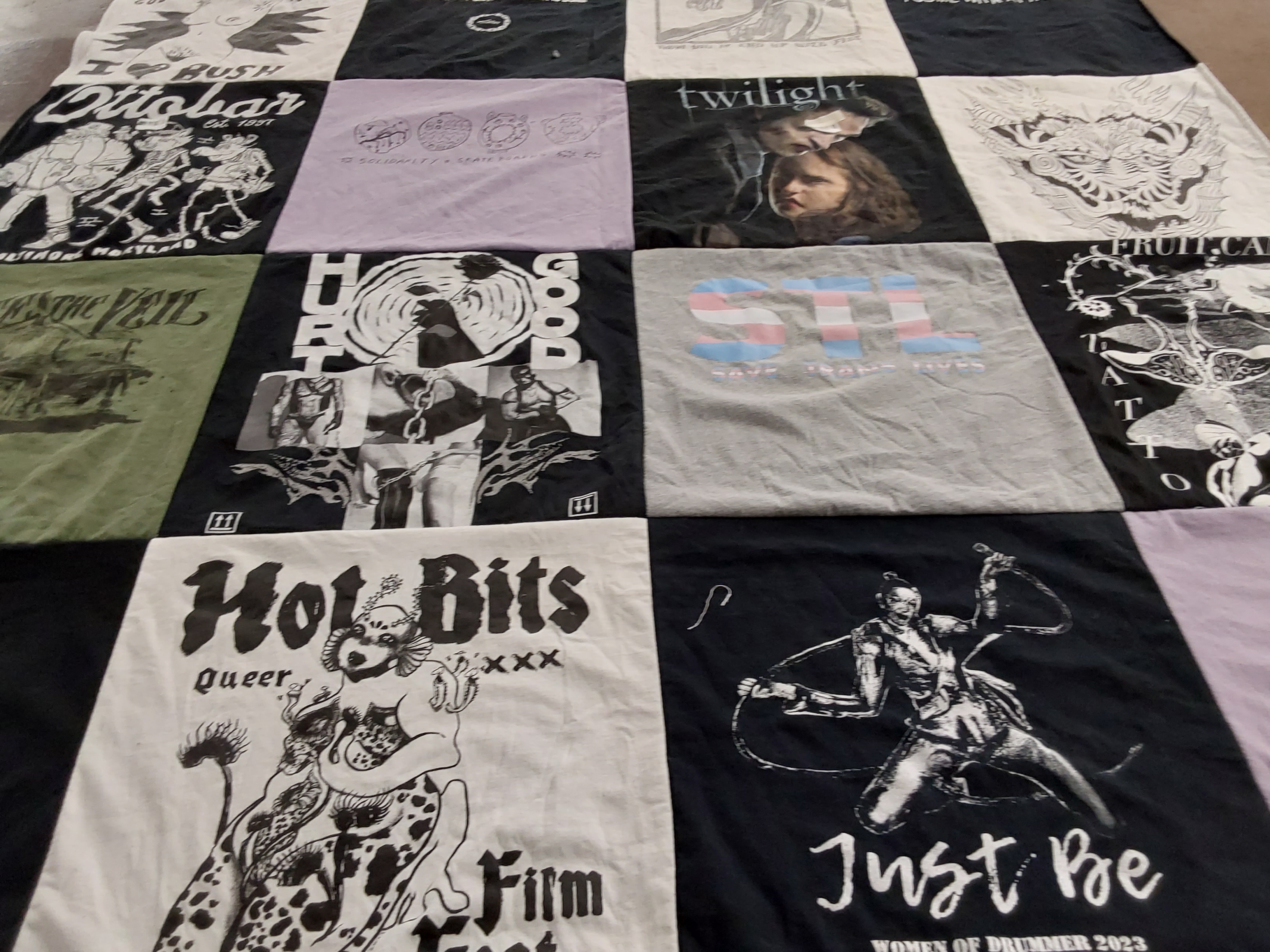 T-shirt quilt with queer culture, tattoo art themes by Serena from NY