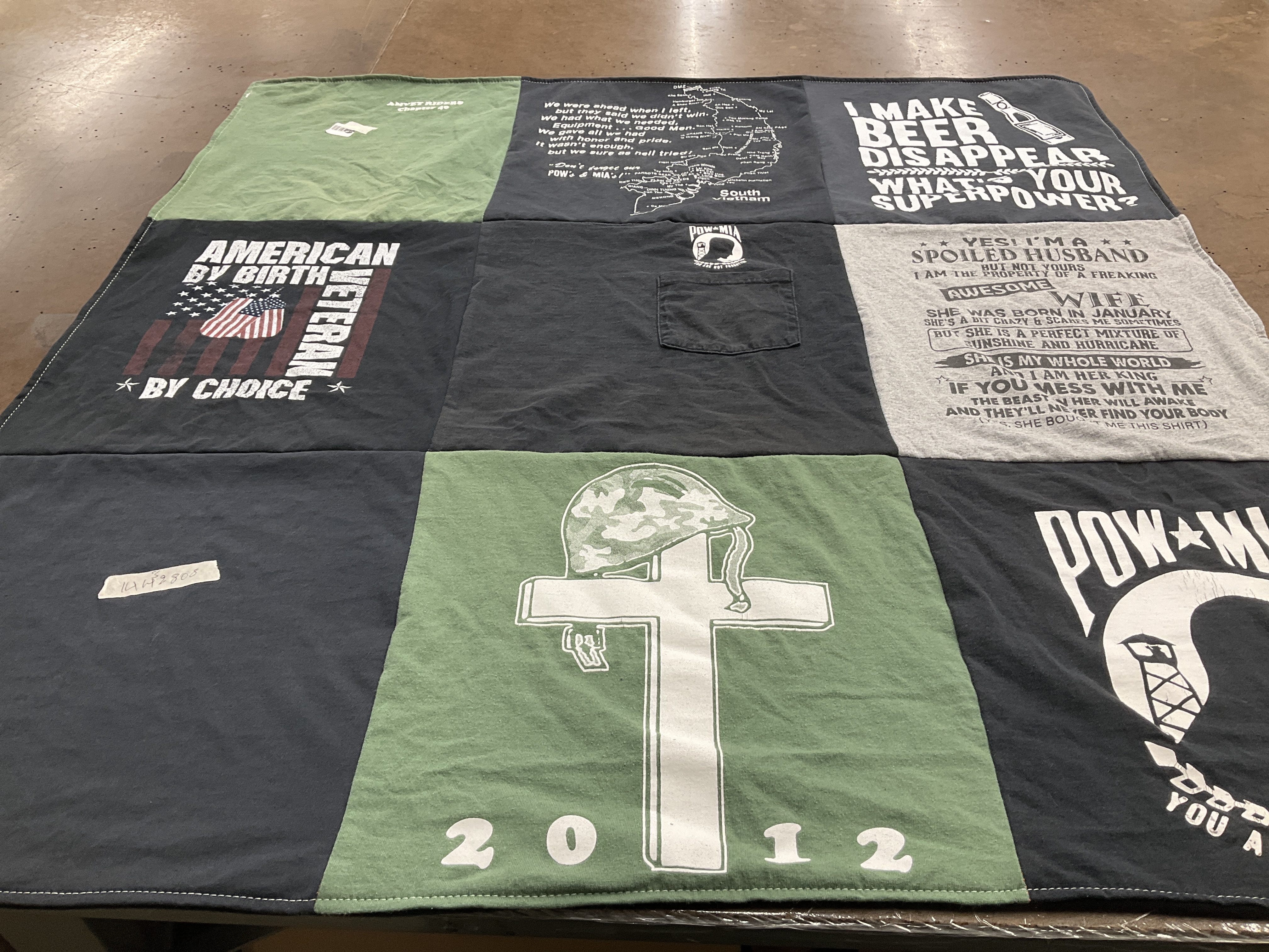 T-shirt quilt with veterans, beer themes by Megan from OH