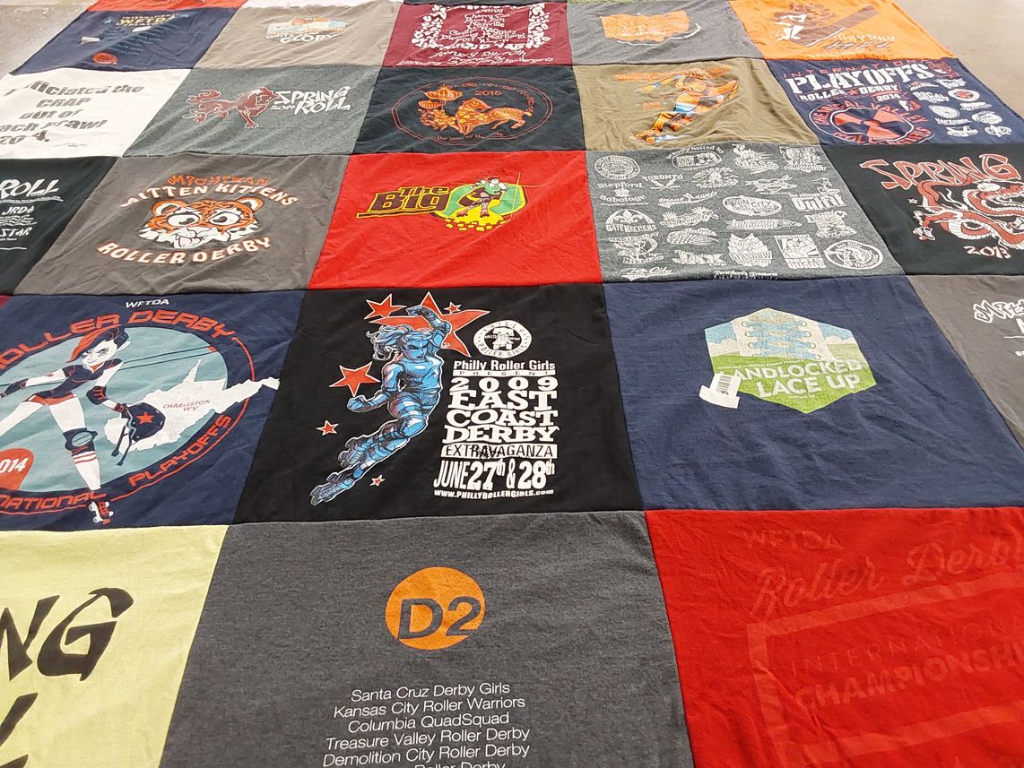 T-shirt quilt with roller derby, sports themes by Earl from WI